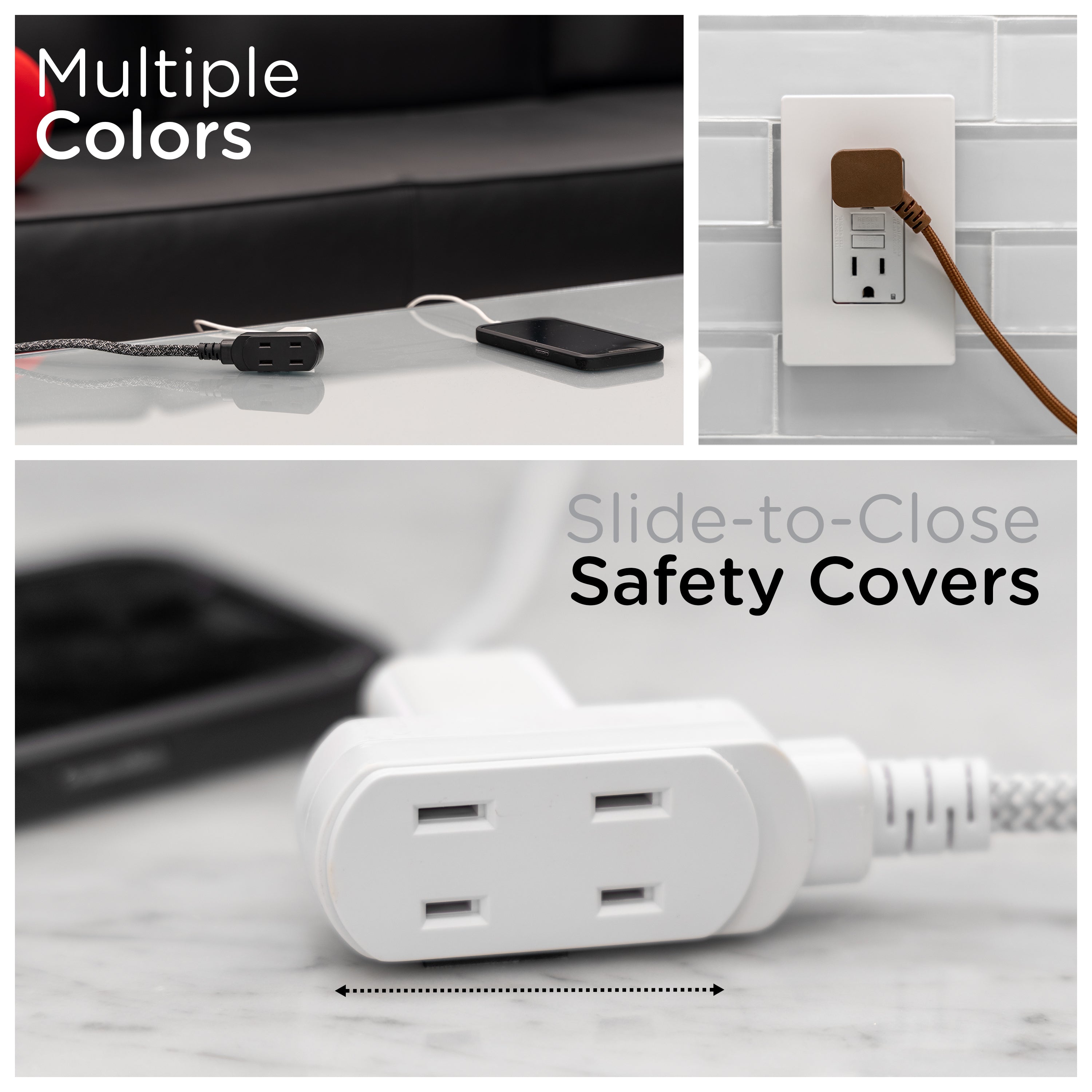 Cordinate 15ft. 3-Outlet Polarized Extension Cord, White/Gray, Braided Cord