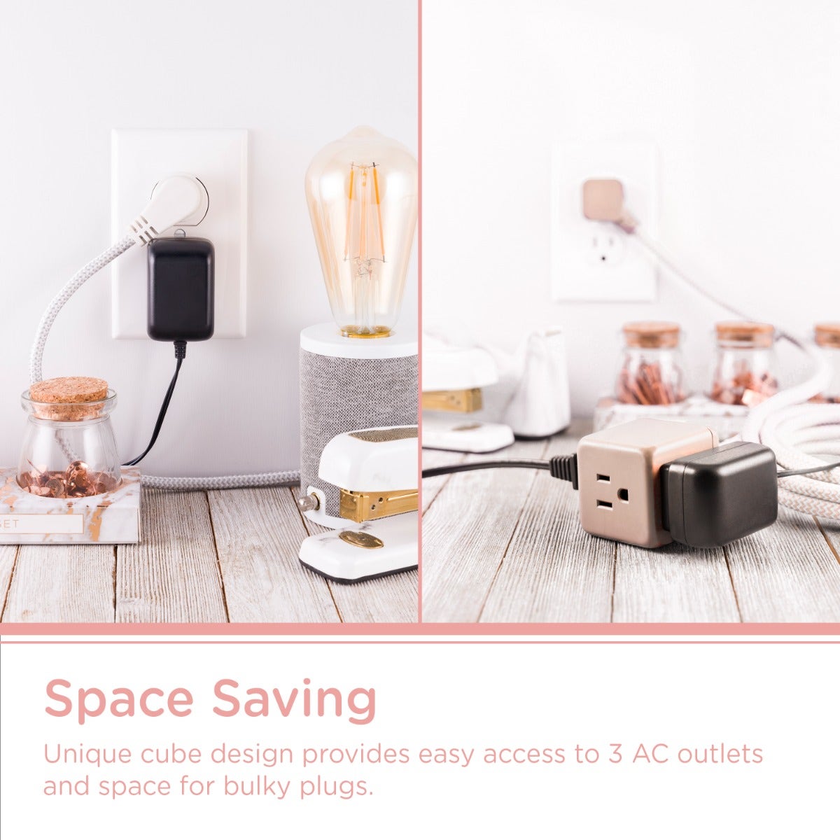 Cordinate 3-Outlet 5ft. Braided Extension Cord Cube, Blush