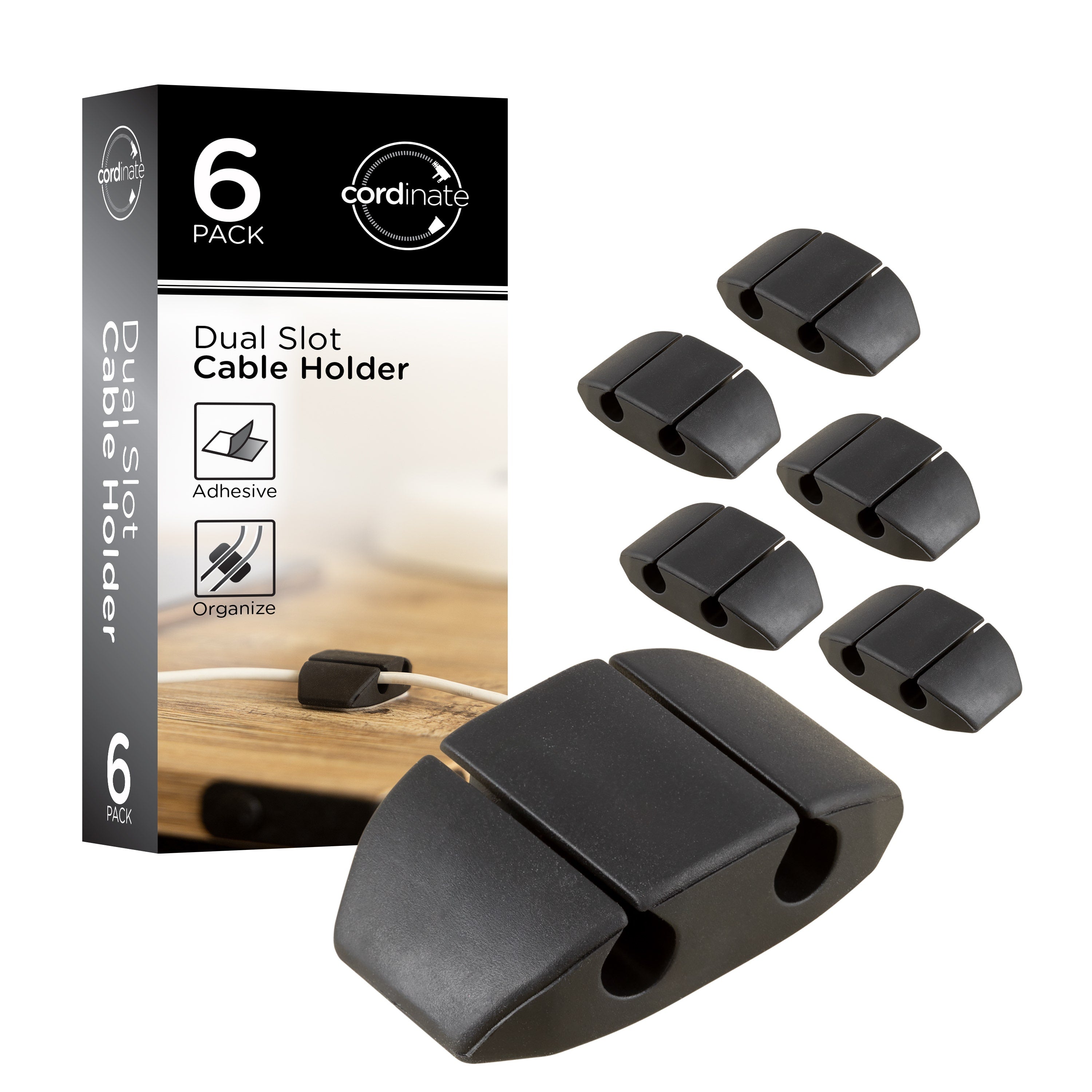 Cordinate Dual Slot Cable Management Dots, 6 Pack, Black,