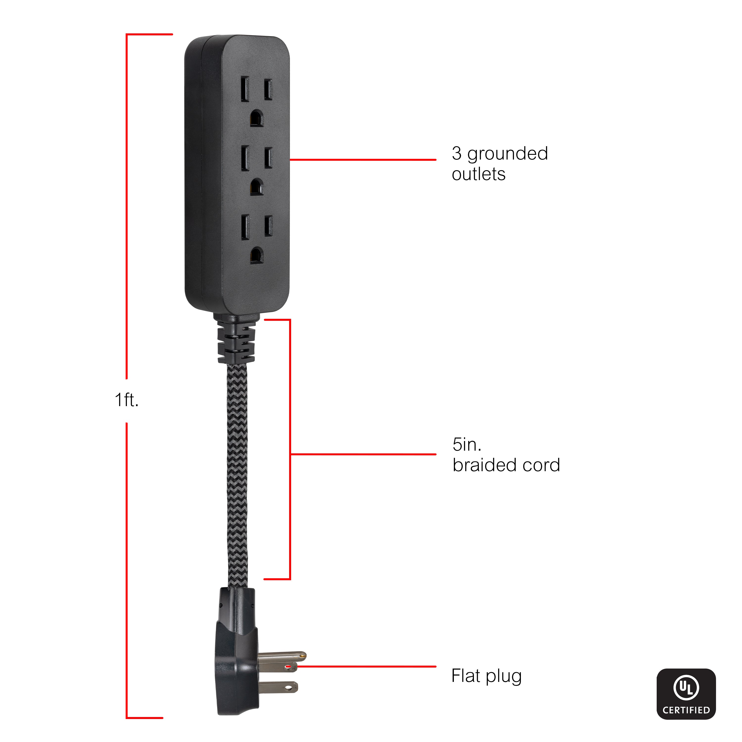 GE Designer 3-Outlet Mini Extension Cord, black/gray, 2pk