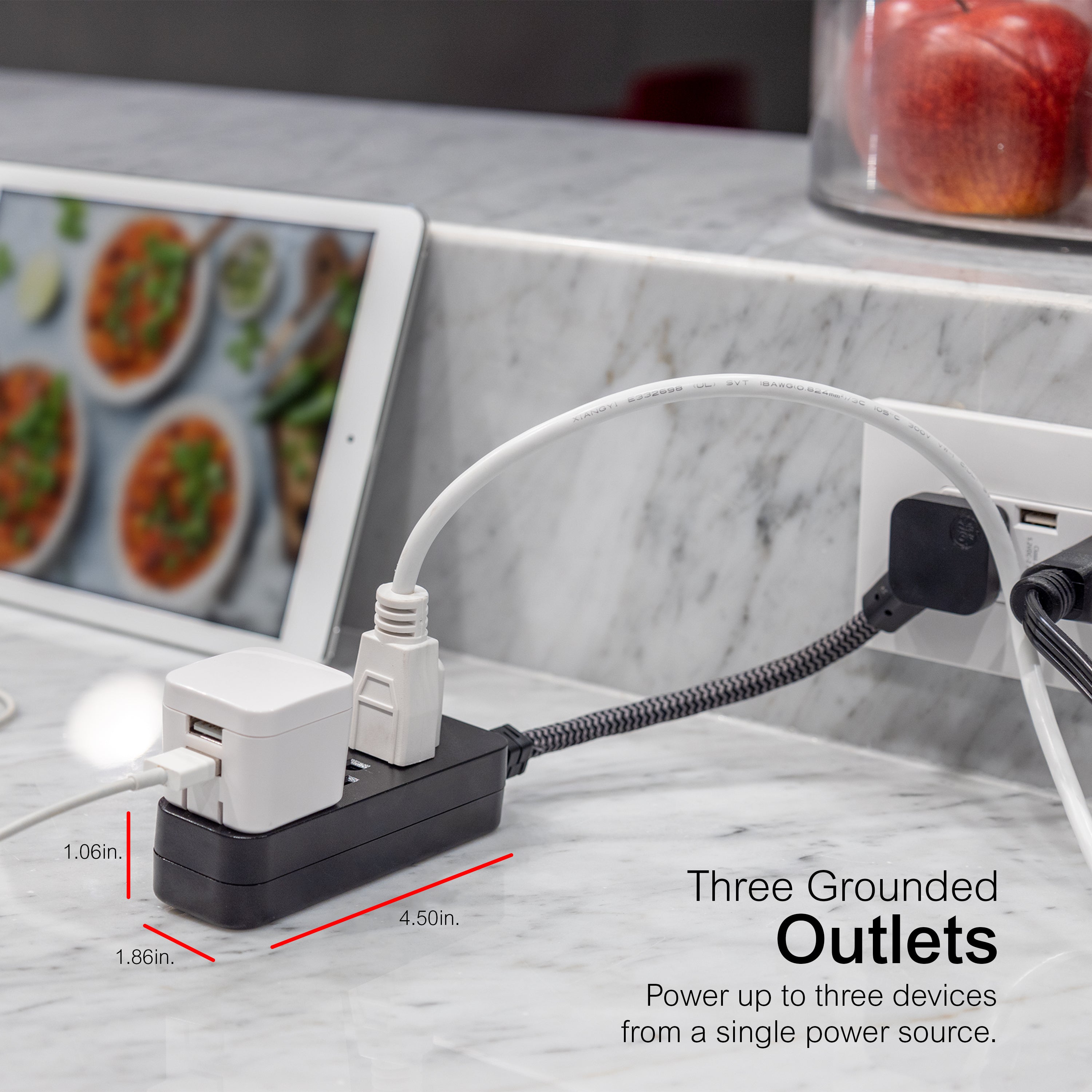 GE Designer 3-Outlet Mini Extension Cord, black/gray, 2pk