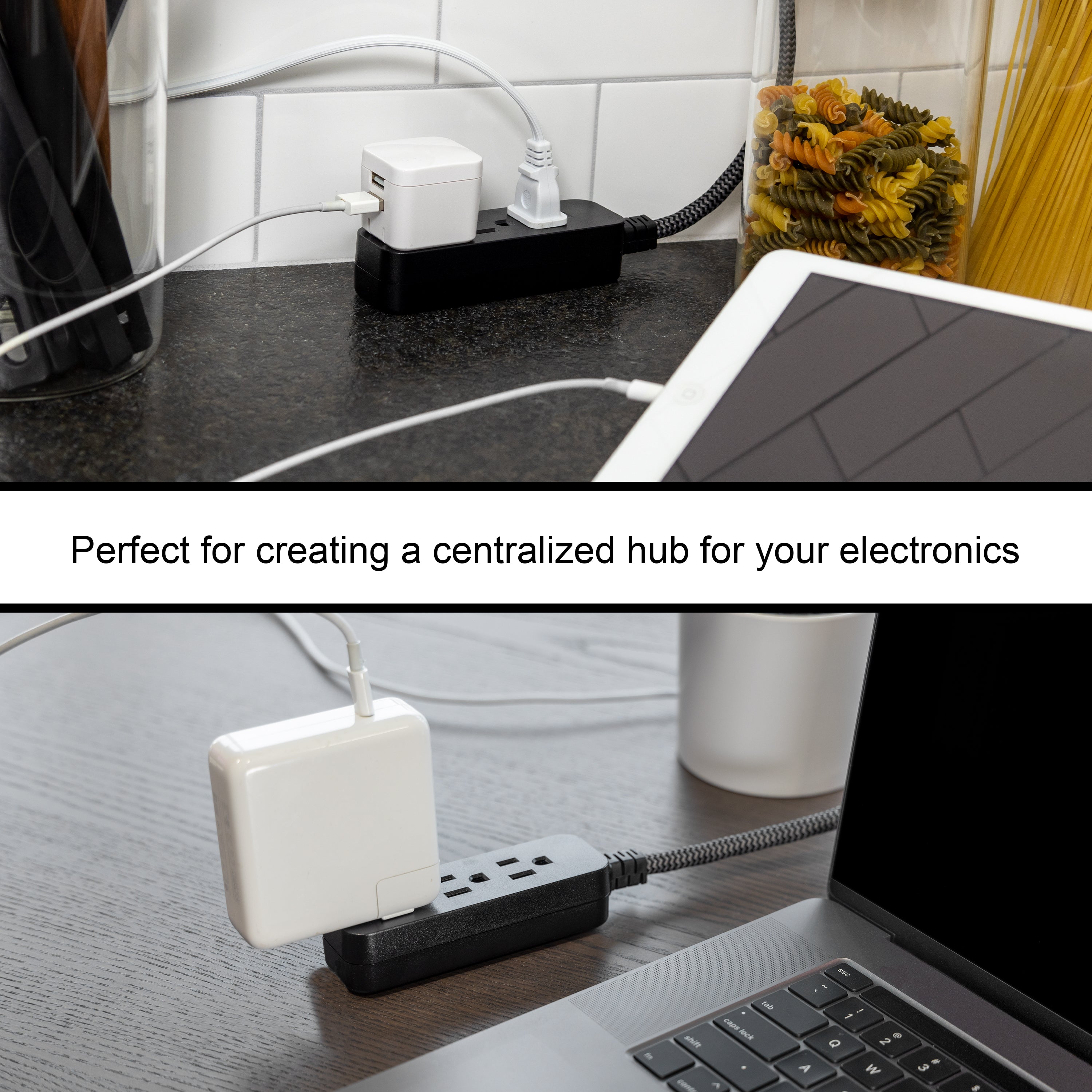 GE Designer 3-Outlet Mini Extension Cord, black/gray, 2pk