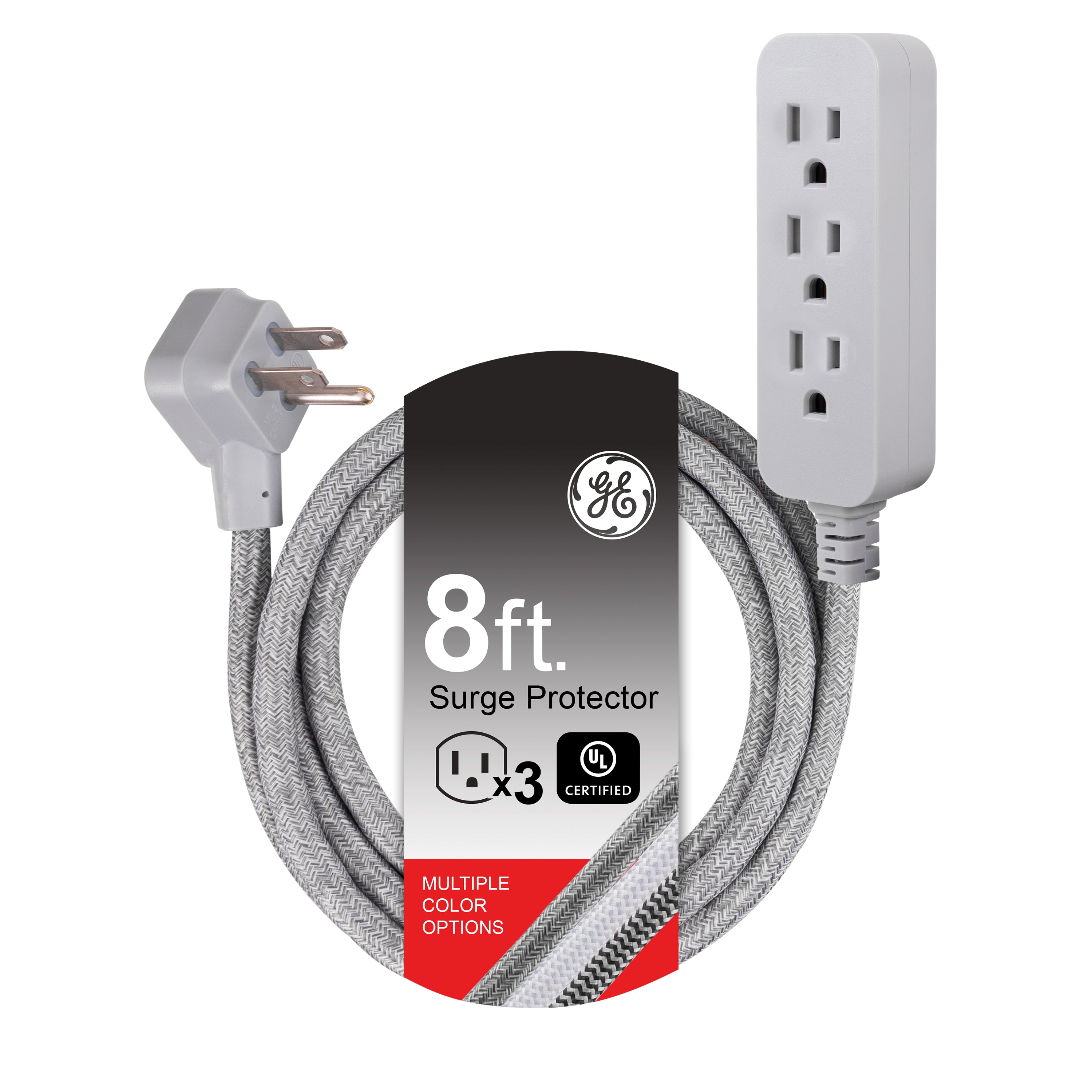 GE Designer Extension Cord, 8ft., 3-Outlet Surge Gray Heather