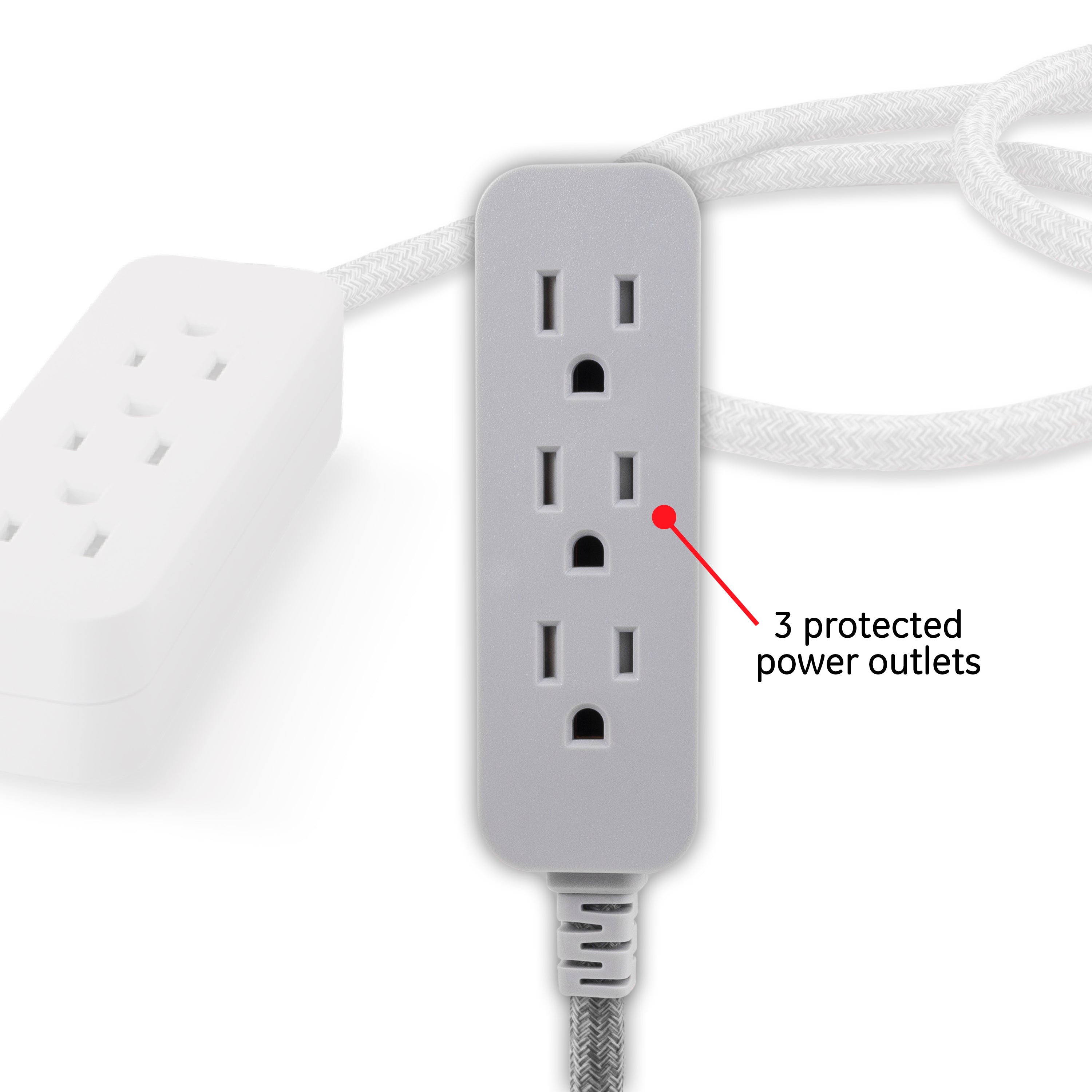 GE Designer Extension Cord, 8ft., 3-Outlet Surge Gray Heather