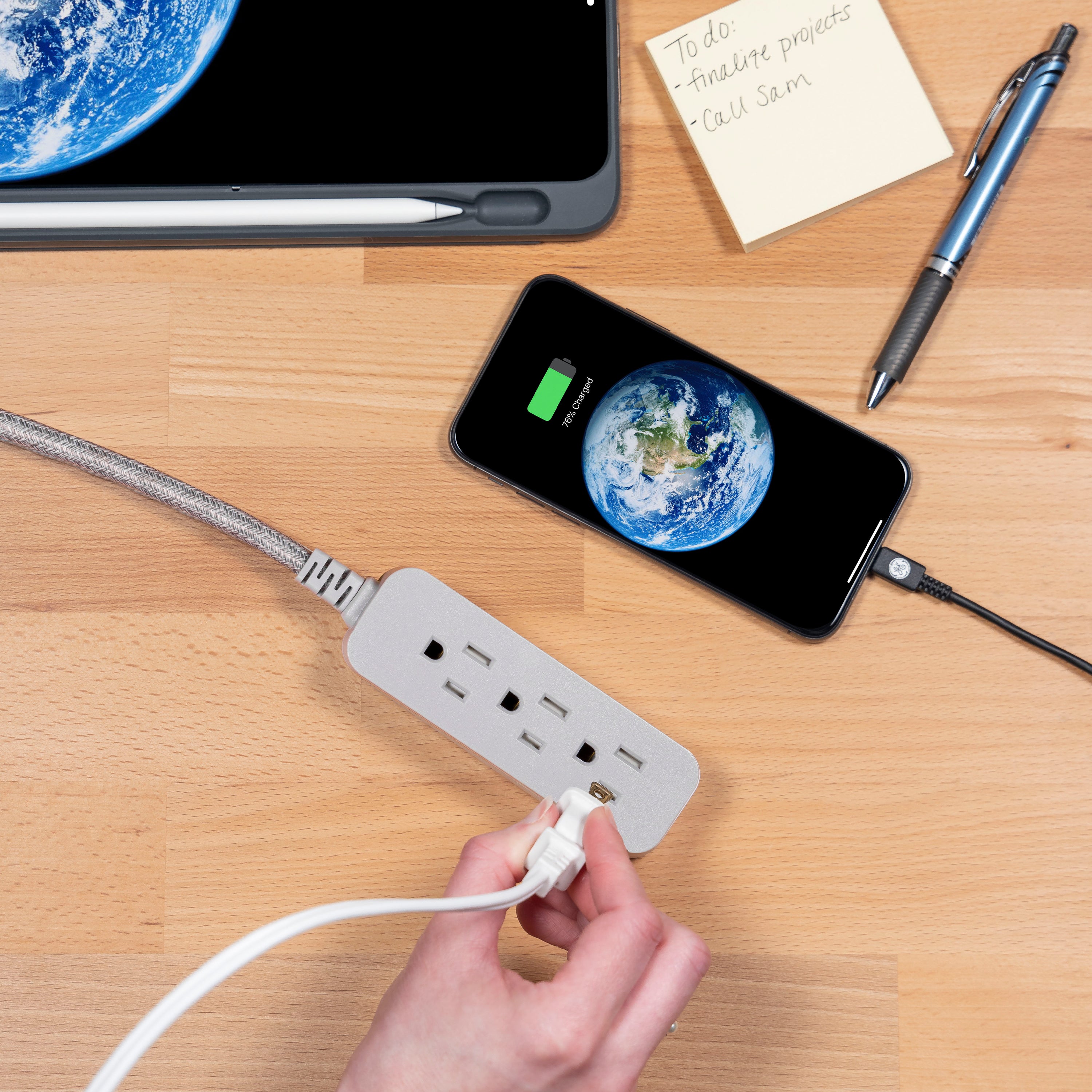 GE Designer Extension Cord, 8ft., 3-Outlet Surge Gray Heather