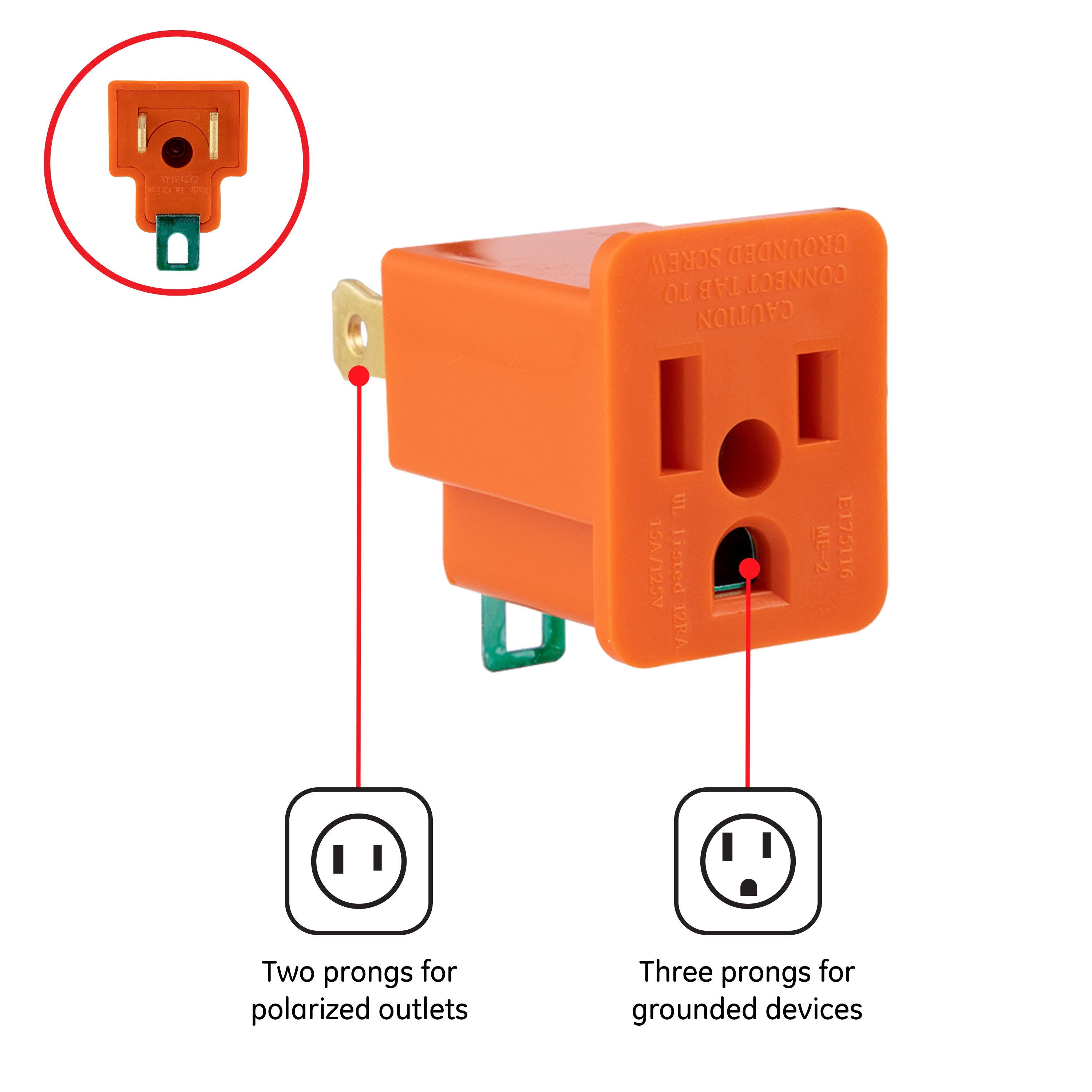 GE Polarized Grounding Adapter 1-Outlet Orange
