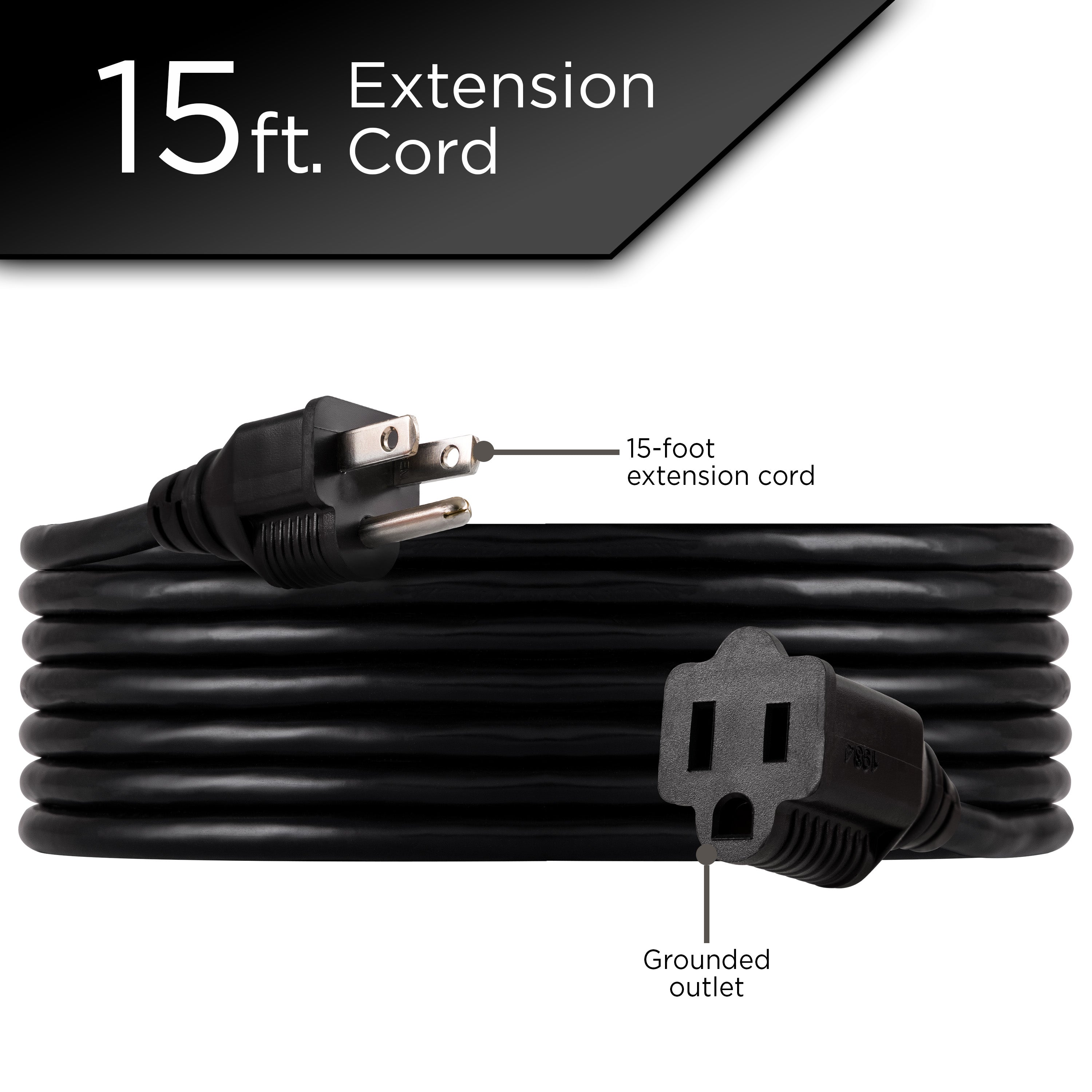 GE 1-Outlet Grounded Extension Cord, 15ft, Black, 2pk