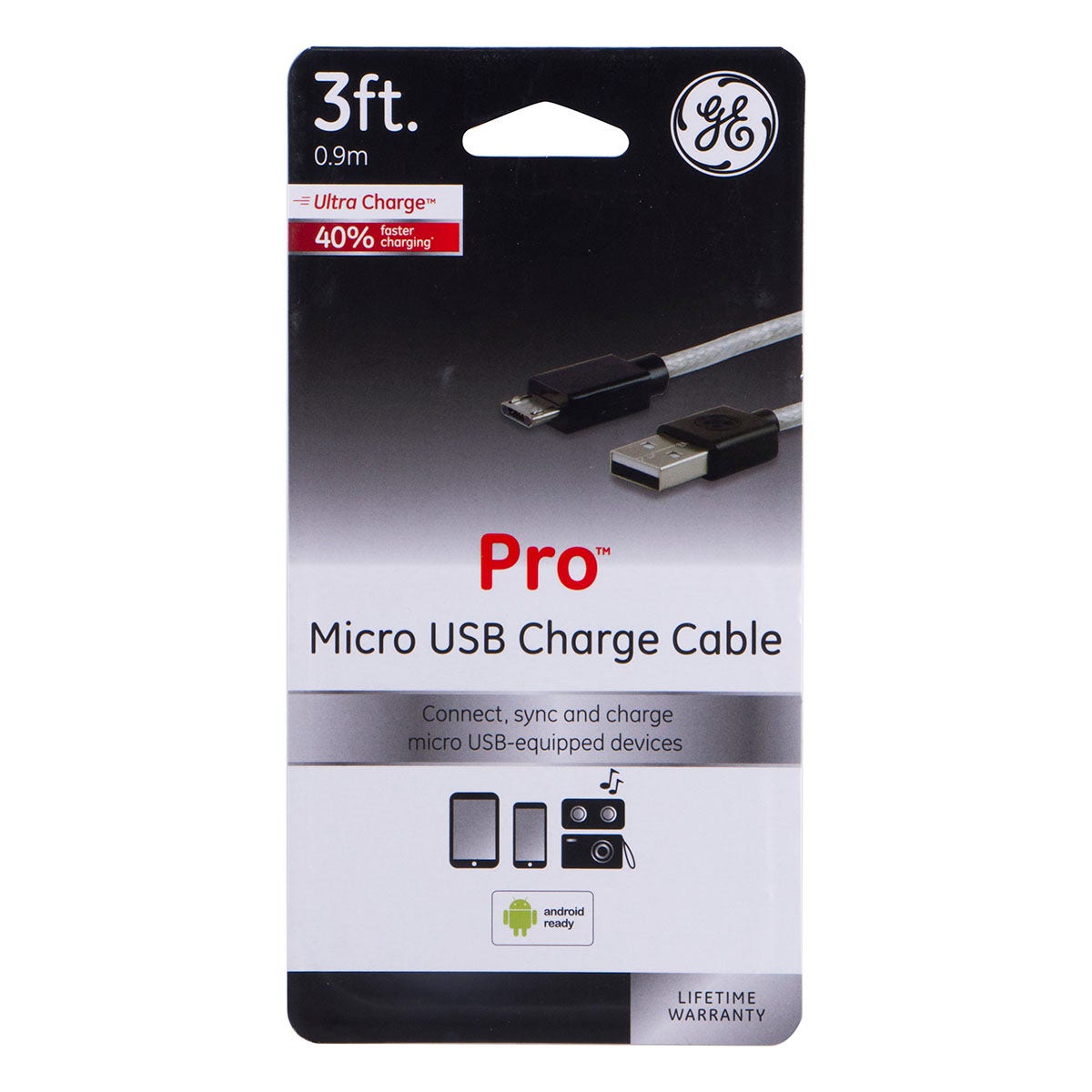GE 3ft. USB-A to Micro USB Charging Cable, Silver