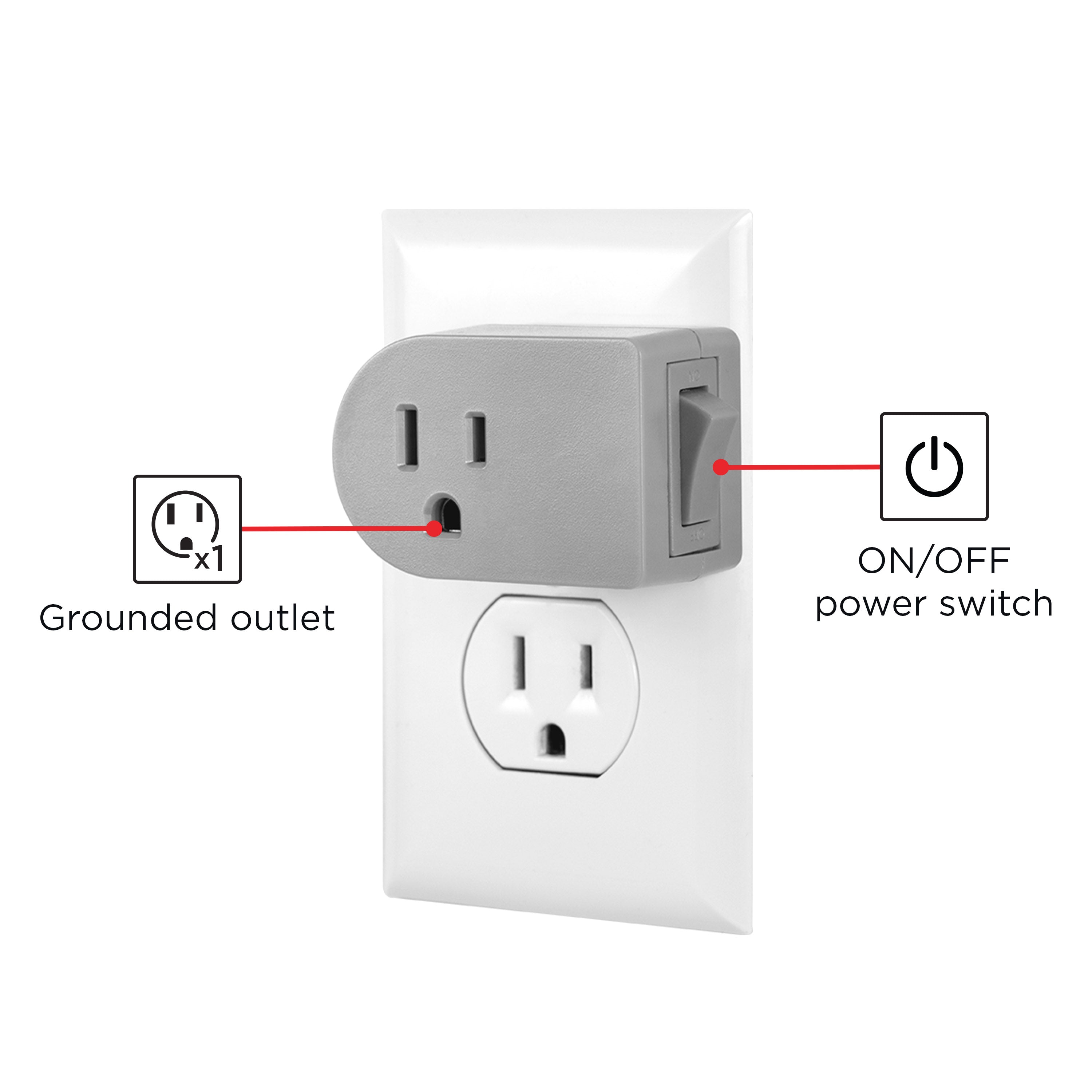 UltraPro Grounded Outlet Power Switch, Gray, 2pk