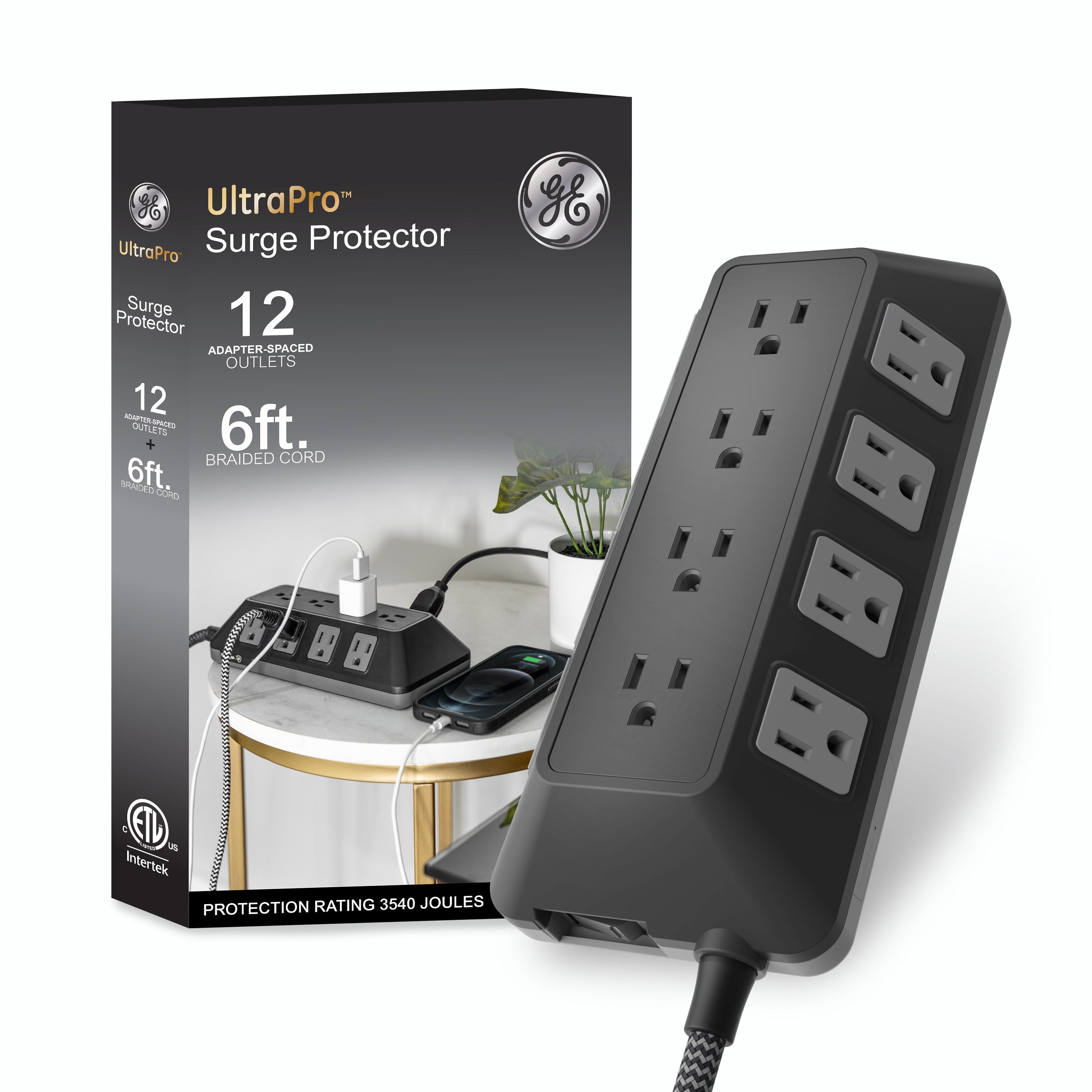 GE 12-Outlet 6ft. Surge Protector with Adapter-Spaced Outlets, Black