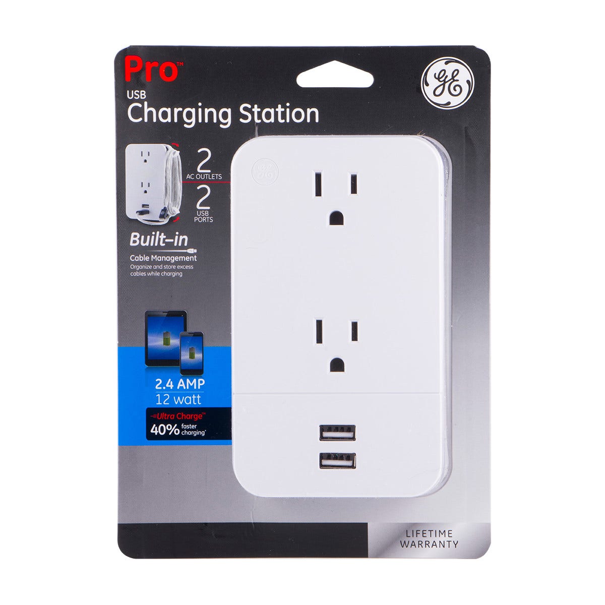 GE 2-Outlet 2-USB Charging Station with Cable Management, White