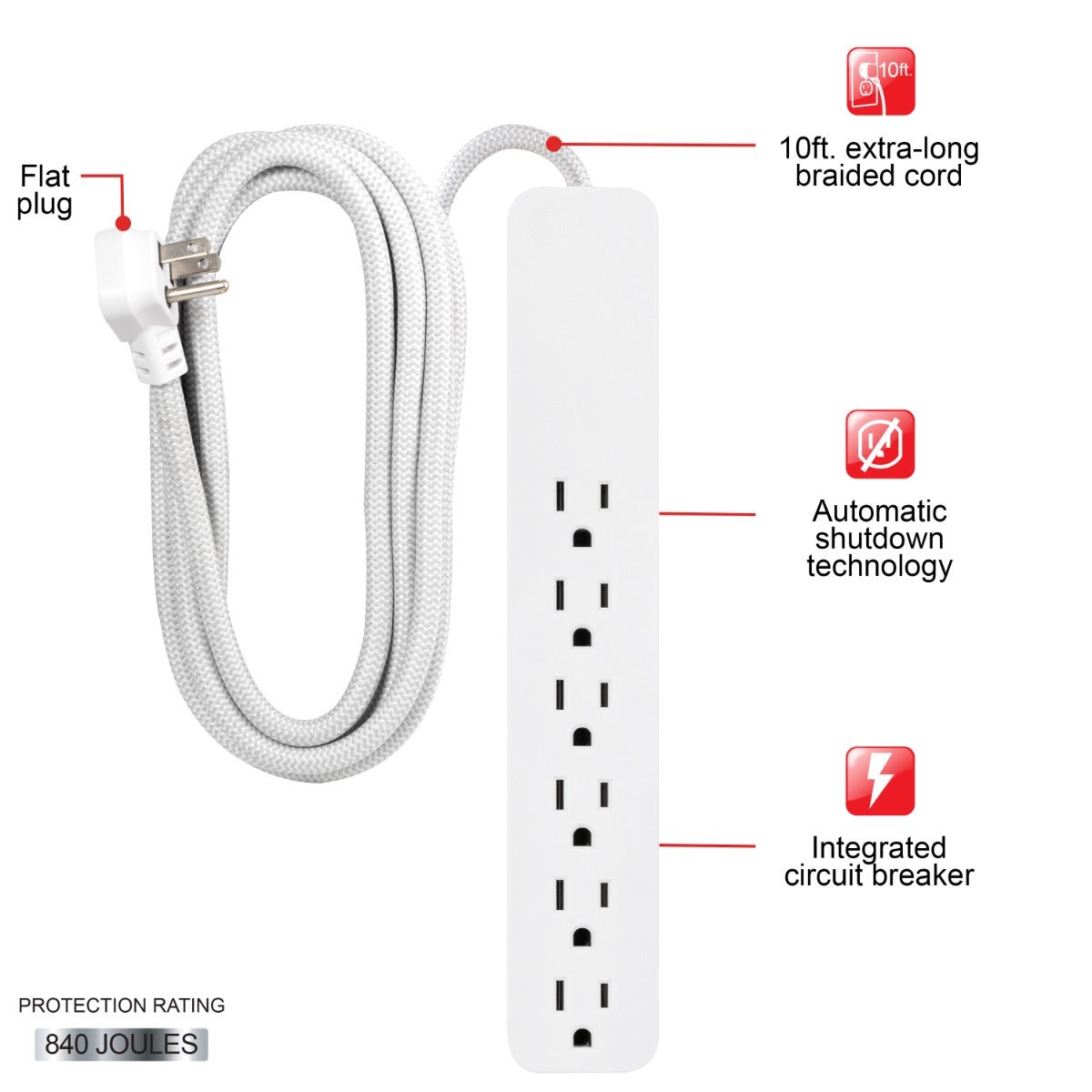 GE 6-Outlet 10ft. Surge Protector with Braided Cord, White