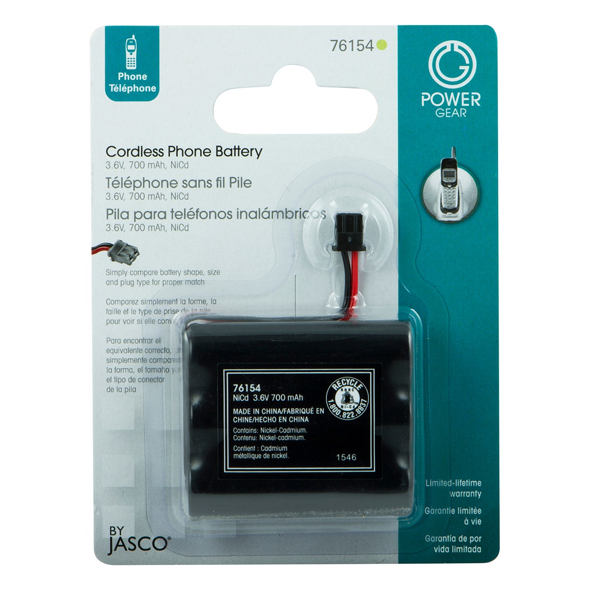 Power Gear Rechargeable, Cordless Phone Battery, 3.6V, 700mAh, NiMH, Black