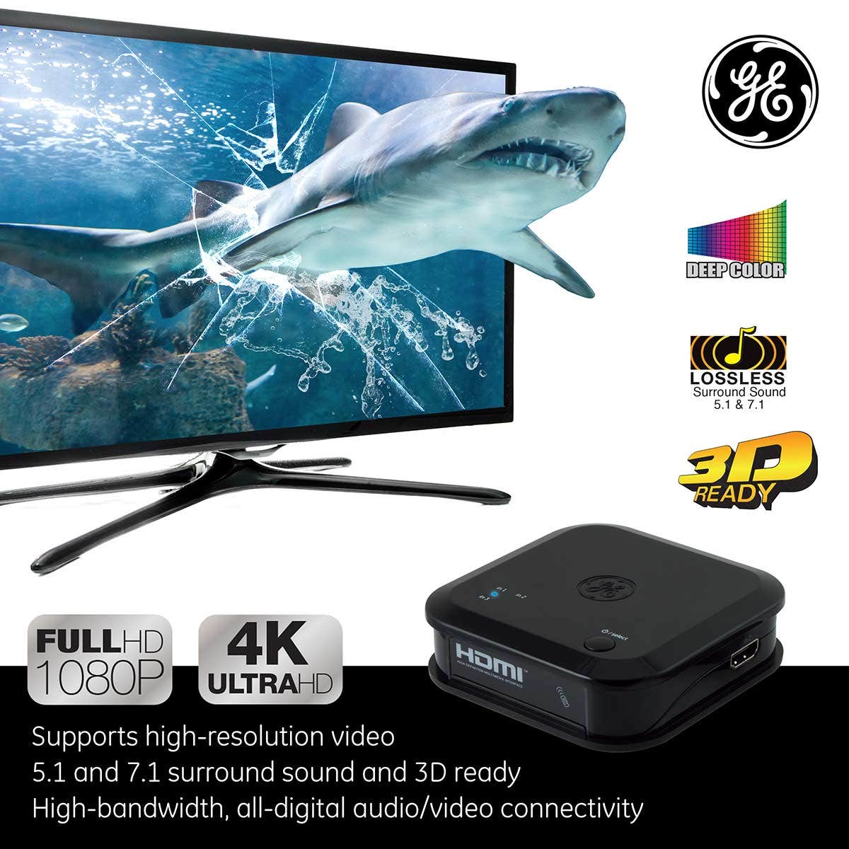 GE 3-Device HDMI Switch with Wireless Remote, Black