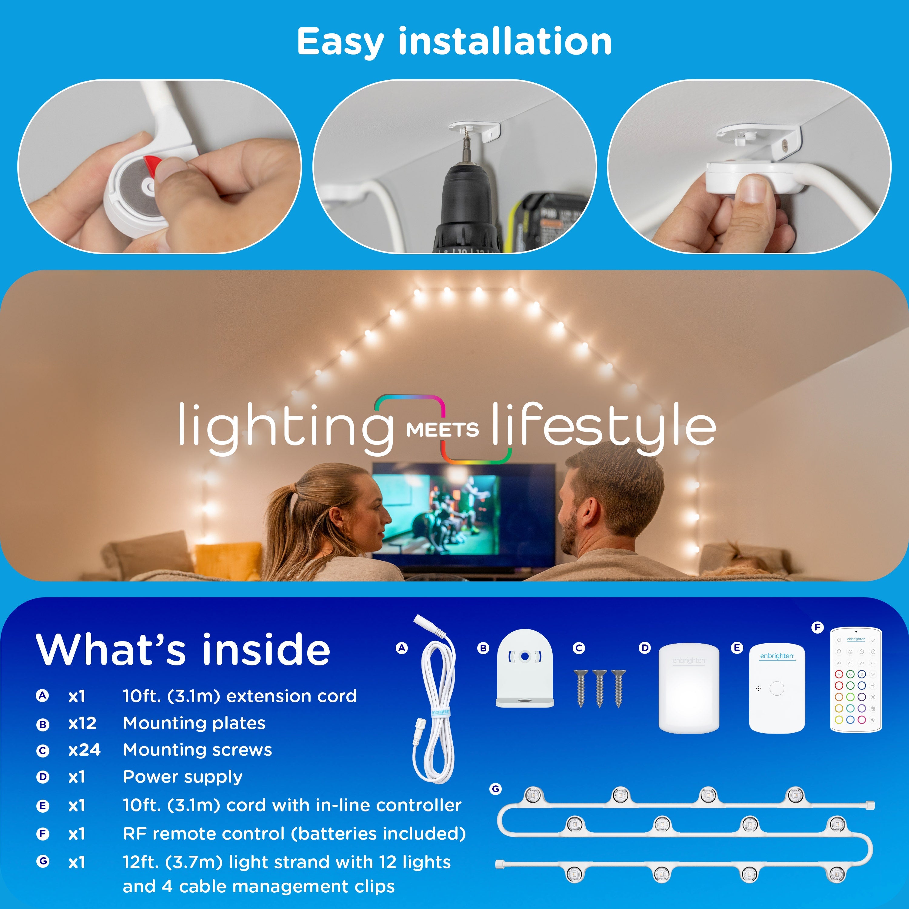 Enbrighten WiFi VIBE Spectrum Color-Changing Wall Lights 12 Lights, 12ft. White Cord