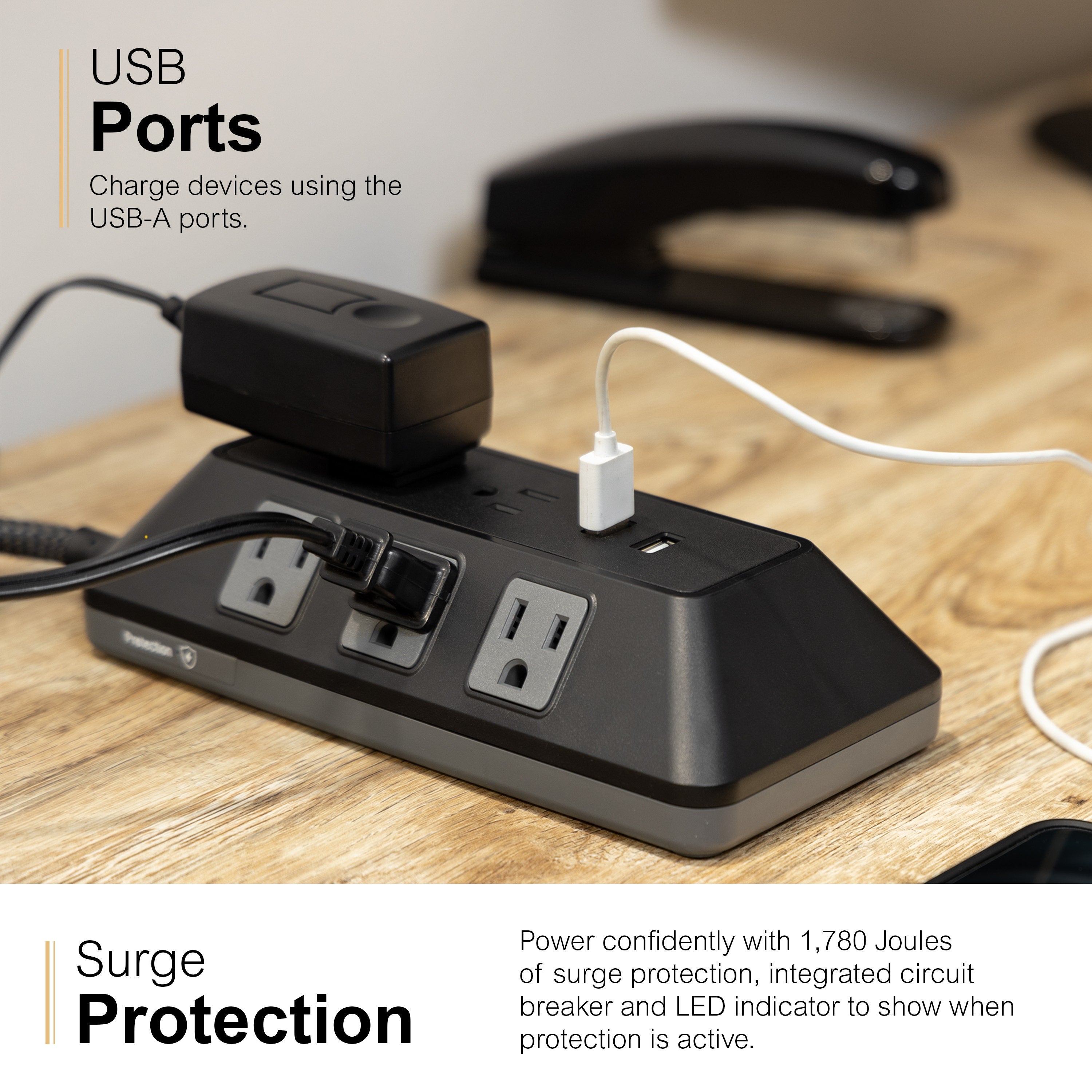 GE 8-Outlet 2-USB 3ft. Surge Protector with Adapter-Spaced Outlets, Black