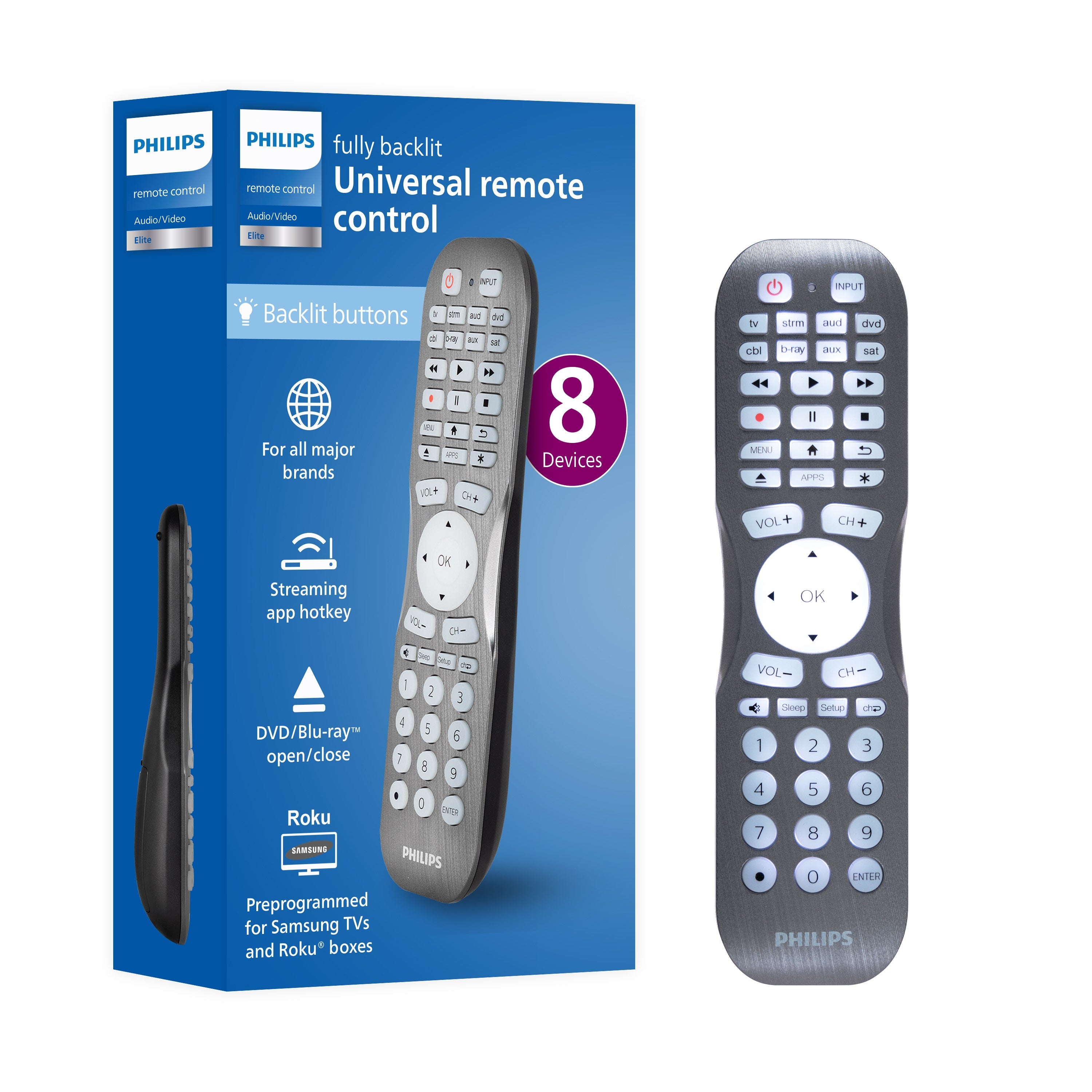 Philips 8-Device Backlit Universal Remote, Brushed Graphite