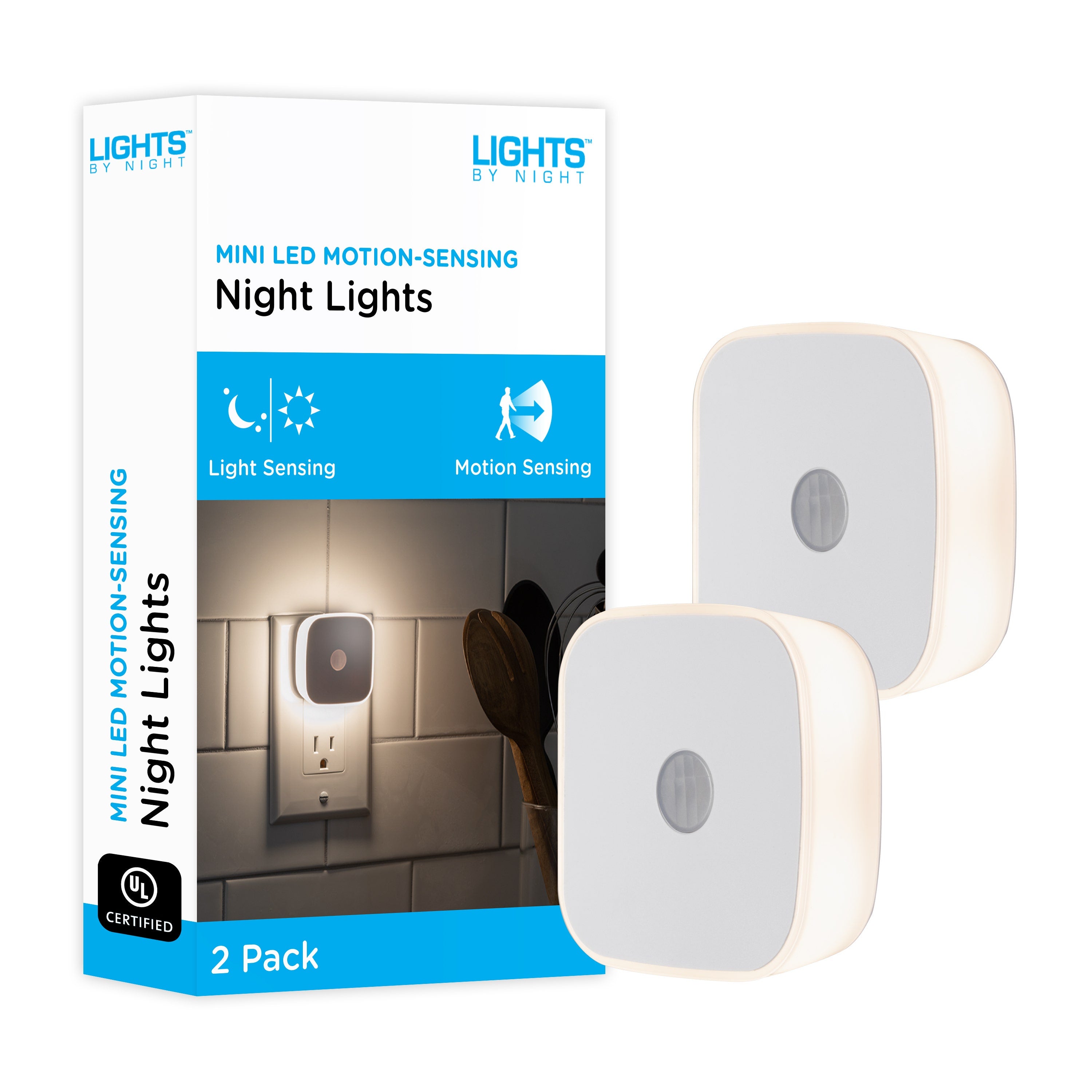 Lights by Night Mini Motion Sensing LED Night Light, 2 Pack, White
