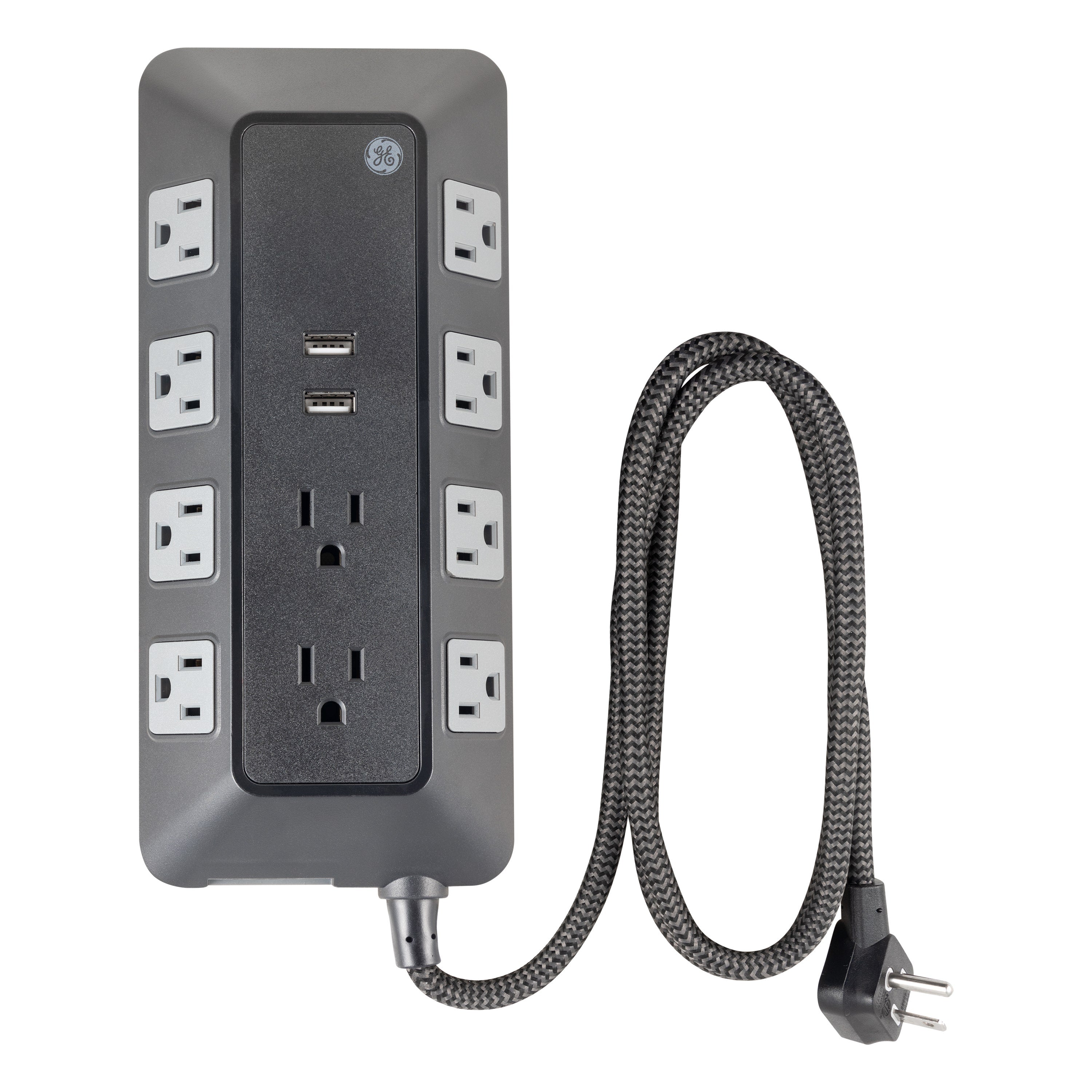 GE 10-Outlet 2-USB 4ft. Surge Protector with Adapter-Spaced Outlets, Black