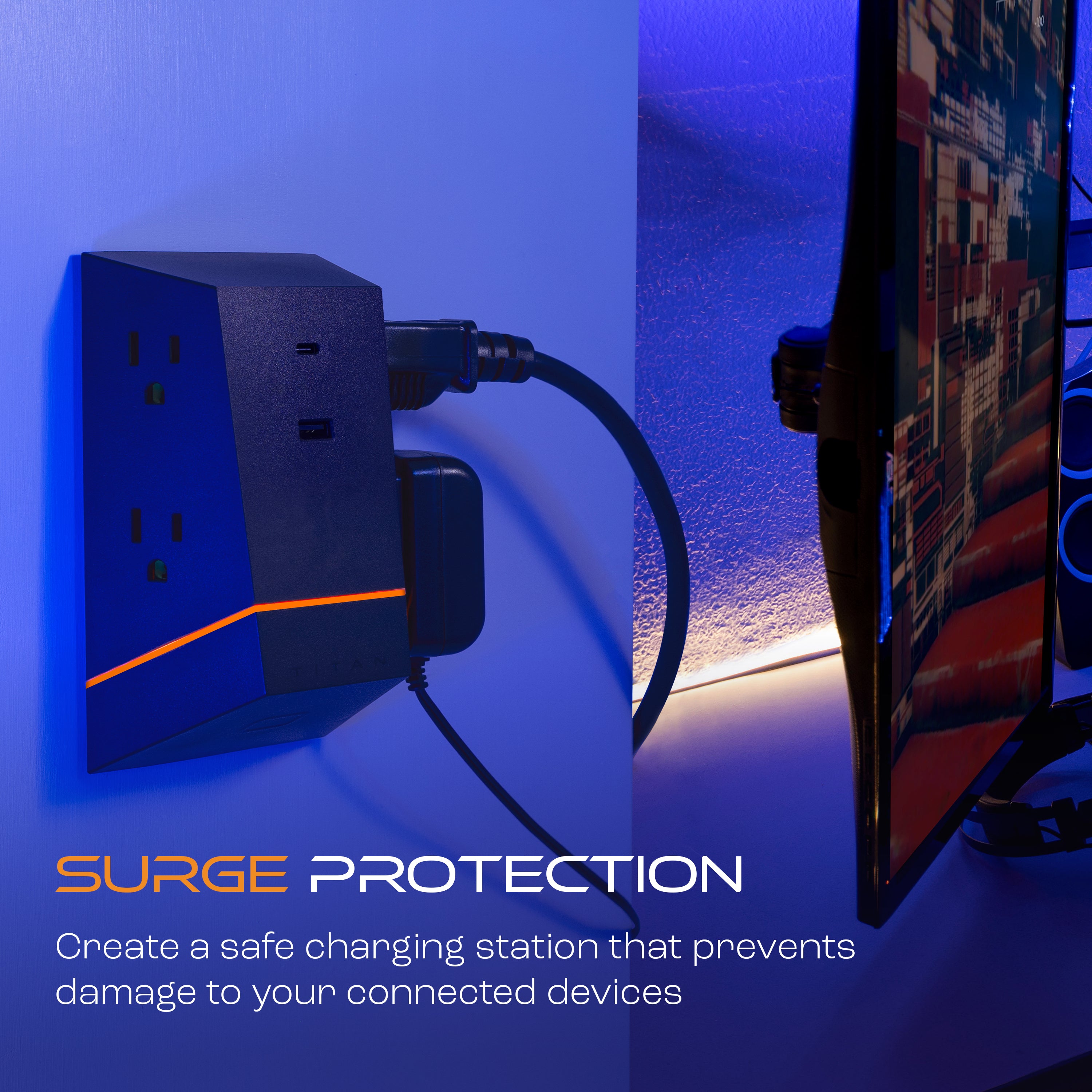Titan 4-Outlet Surge Protector Wall Tap, USB-A/USB-C, 560J, Multicolor LED, Black