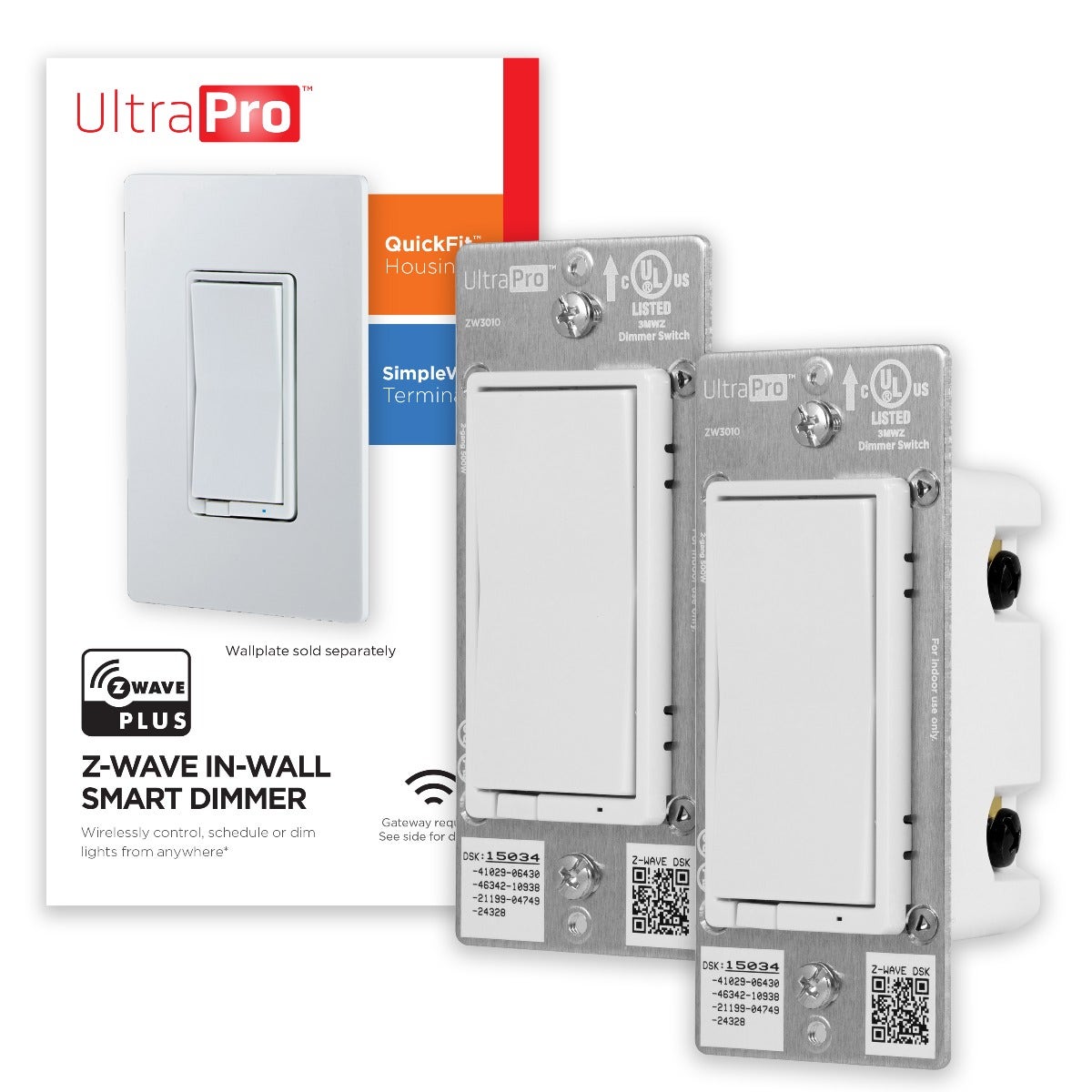UltraPro Z-Wave In-Wall Smart Dimmer with QuickFit and SimpleWire, 2 Pack, White