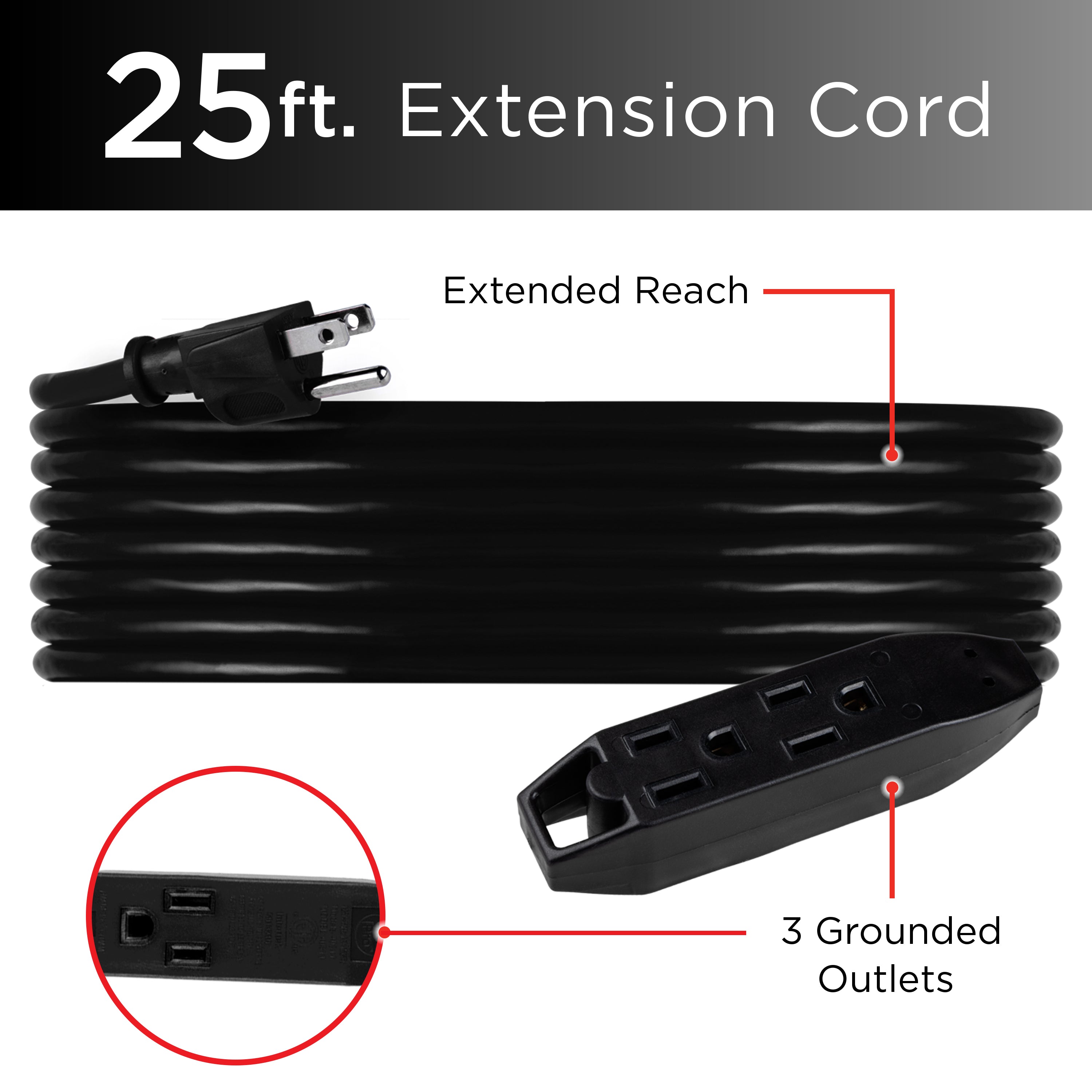 UltraPro 25ft. 3-Outlet Grounded Extension Cord, 2 Pack, Black