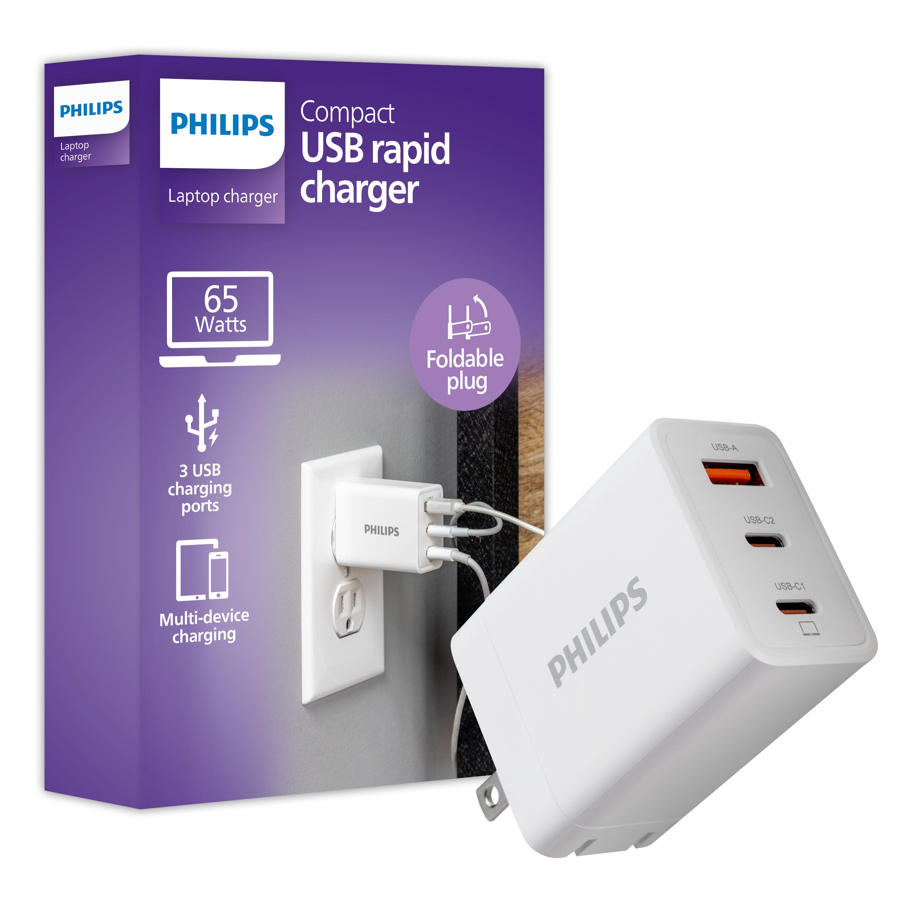 Philips 1 USB and 2 USB-C Wall Charger with Power Delivery, White