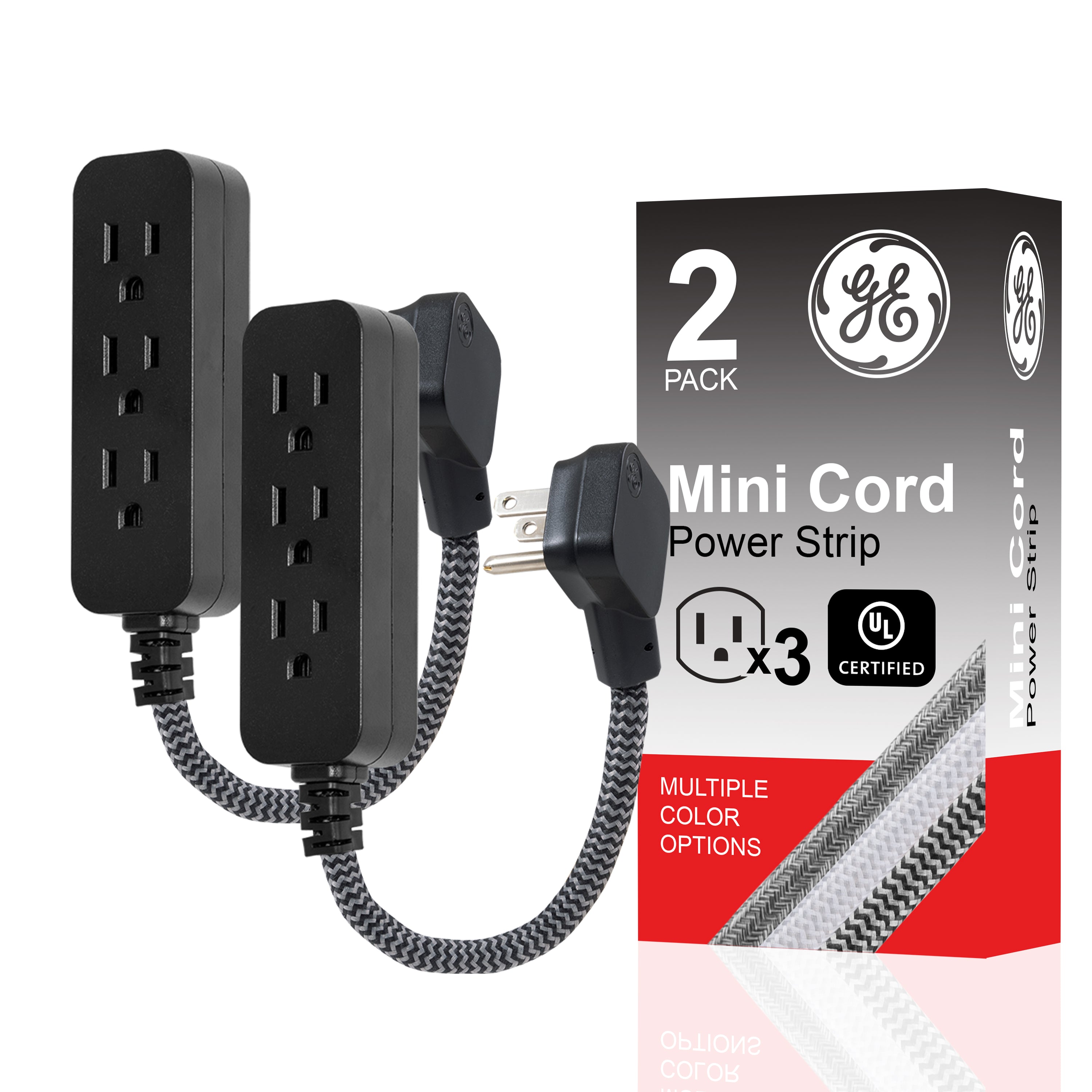 GE Designer 3-Outlet Mini Extension Cord, black/gray, 2pk