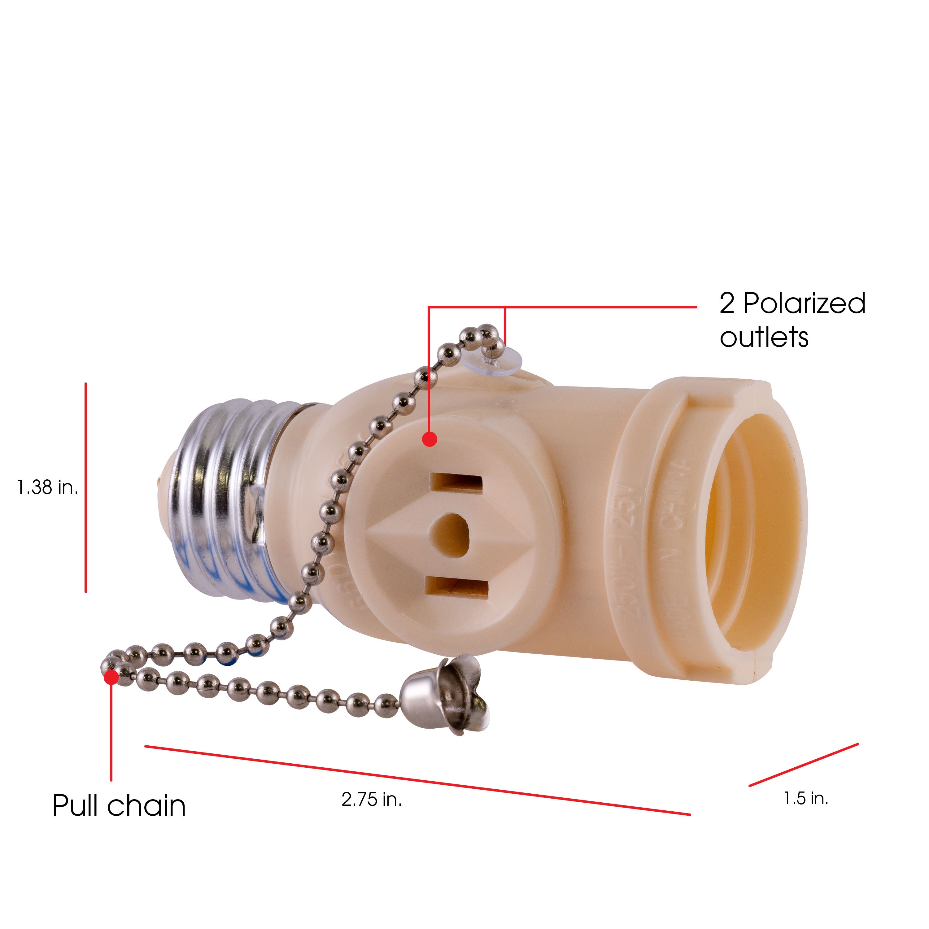 Power Gear Socket Adapter, Polarized, 2 Outlets, Pull Chain, Ivory