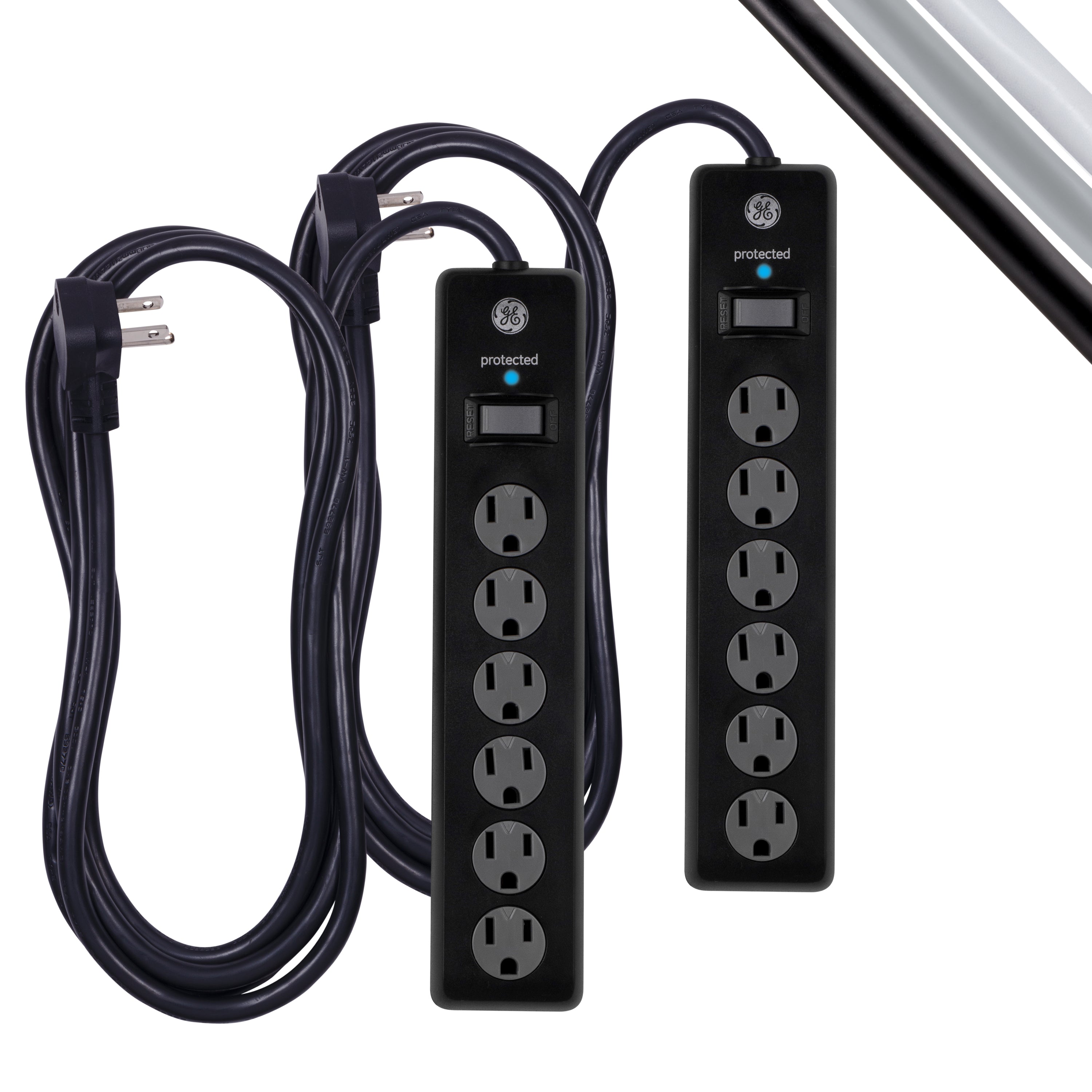 GE 6-Outlet Surge Protector Extension Cord, 800J, Black, 10ft., 2pk