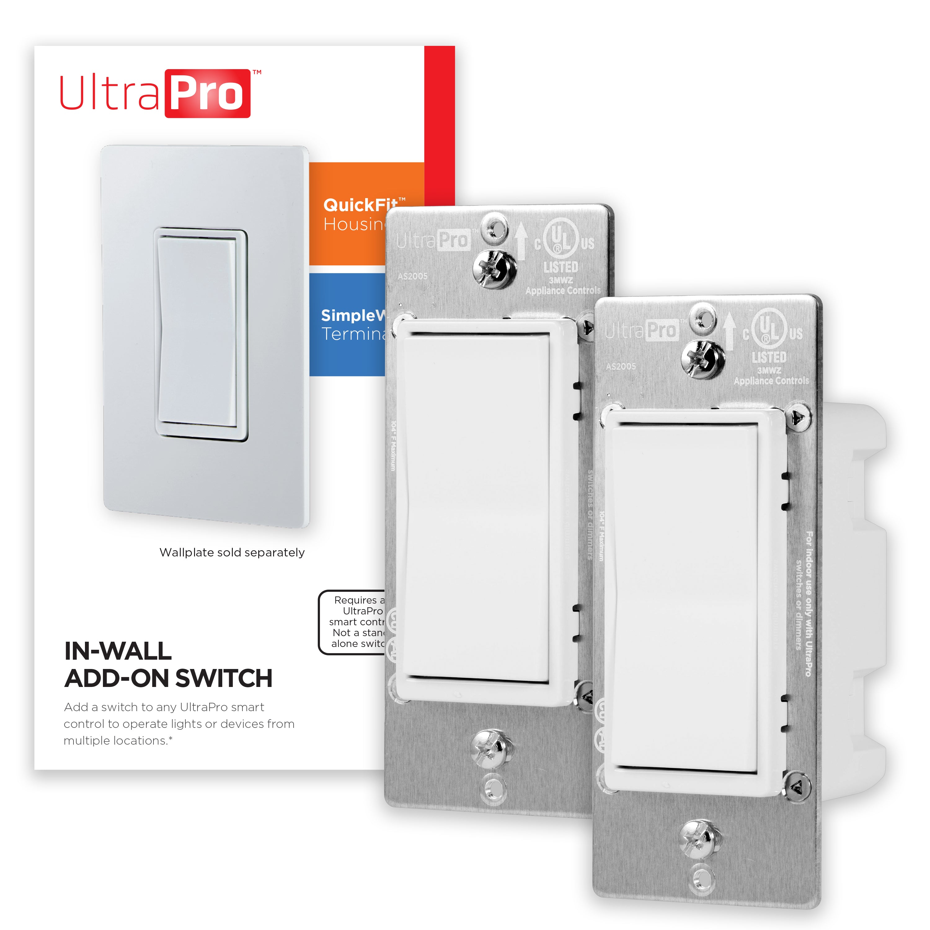 UltraPro In-Wall Add-On Switch with QuickFit and SimpleWire, White, 2 Pack