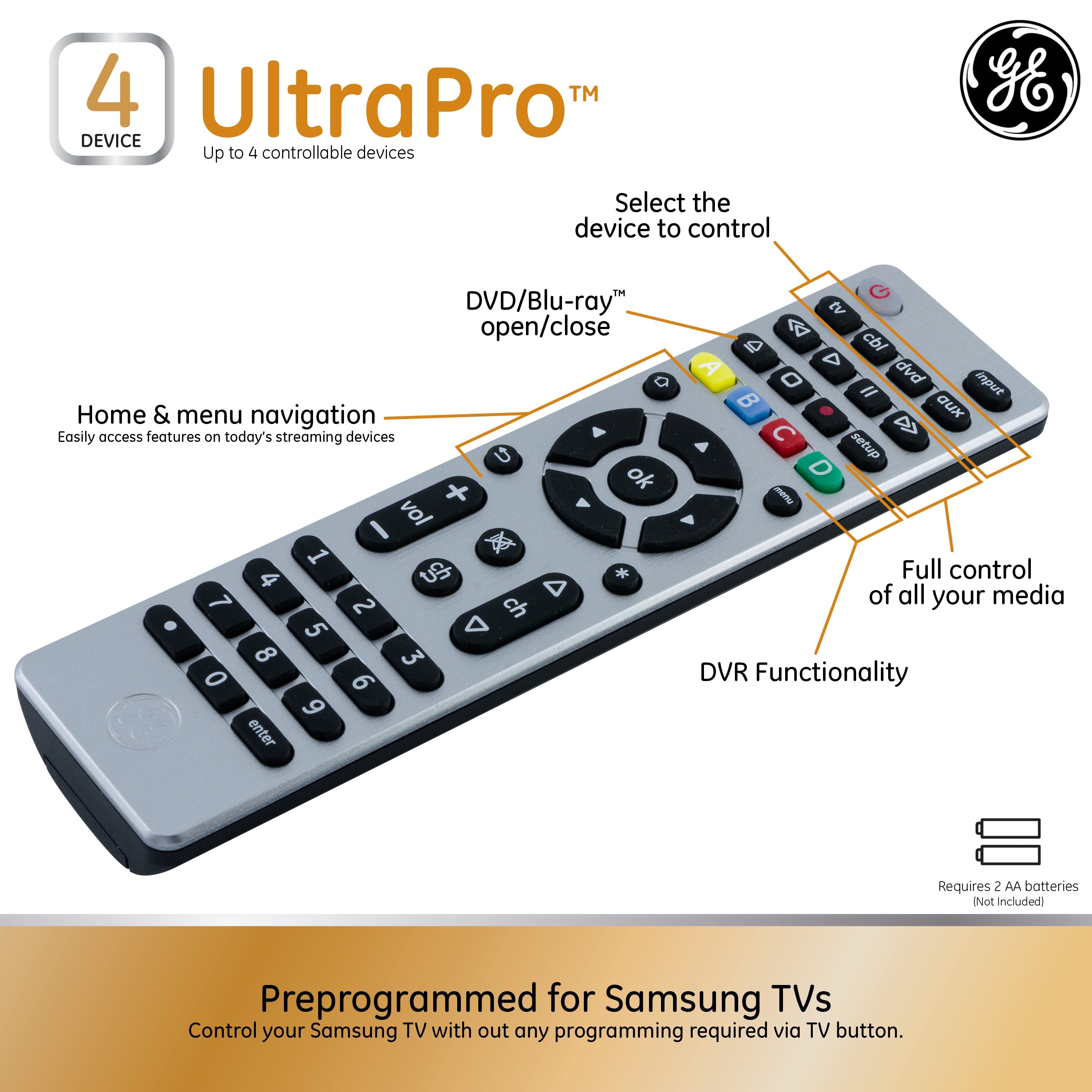 GE 4-Device Universal Remote, Brushed Silver