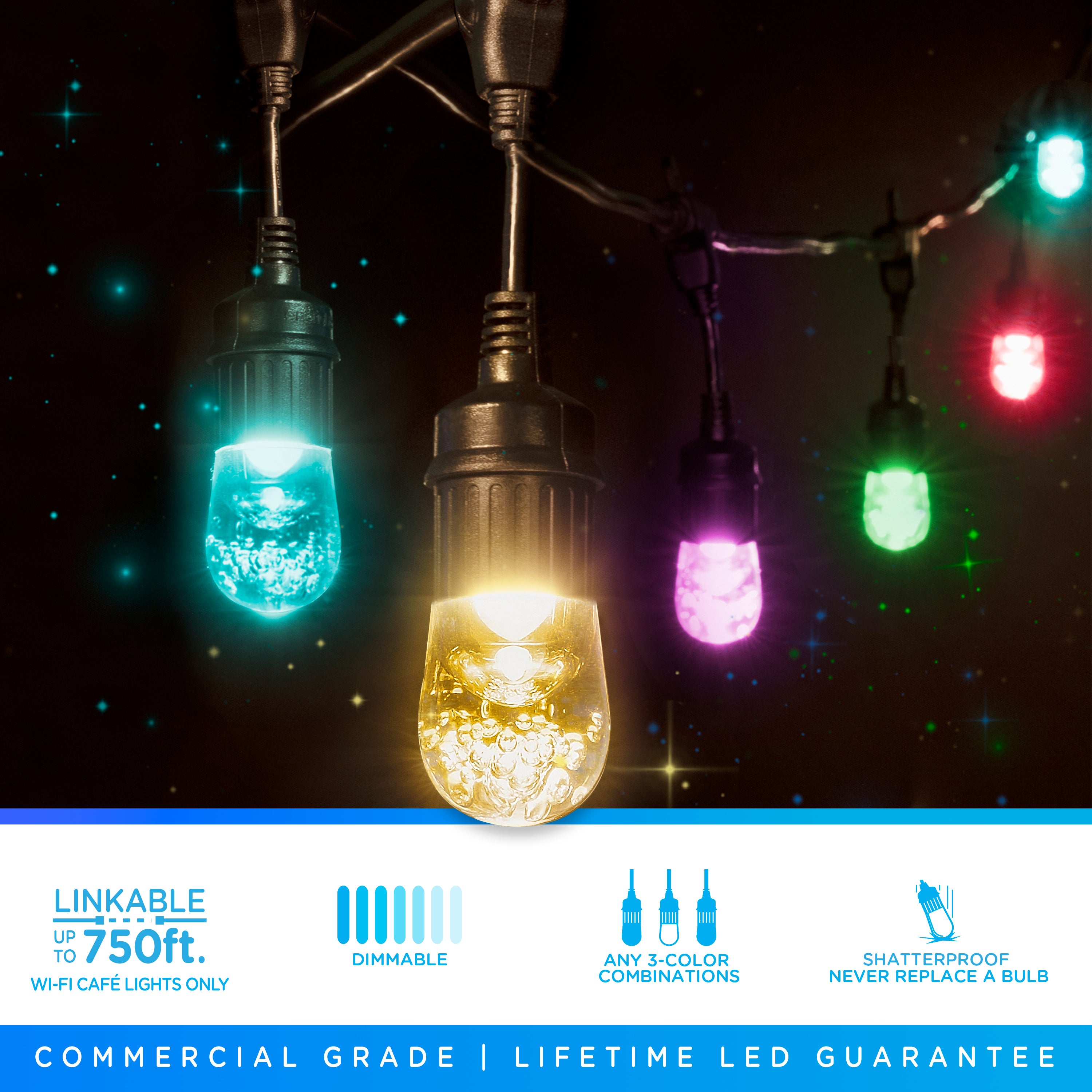 Enbrighten WiFi VIBE Color-Changing Classic LED Cafe Lights, 24 Bulbs, 48ft. Black Cord