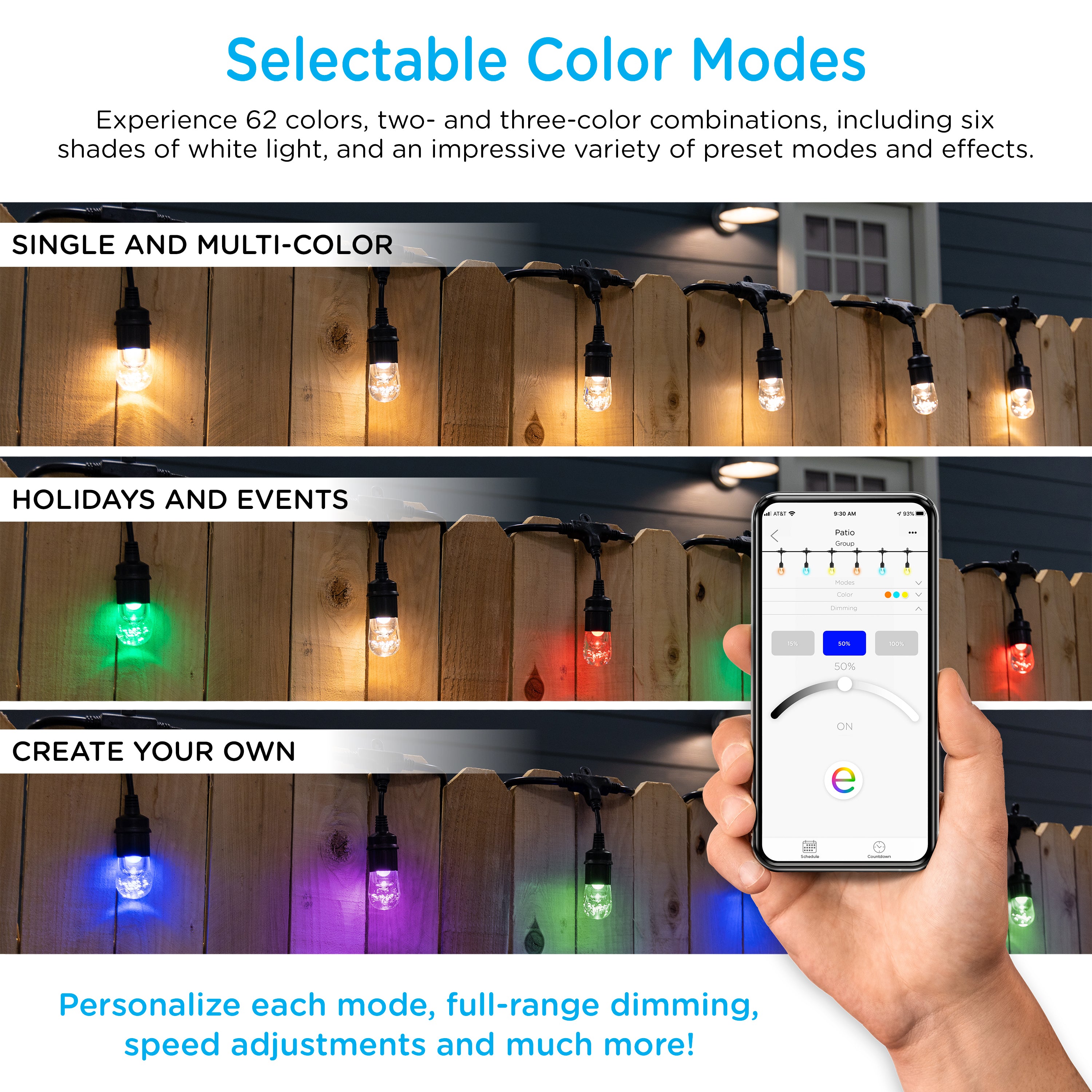 Enbrighten WiFi VIBE Color-Changing Classic LED Cafe Lights, 24 Bulbs, 48ft. Black Cord