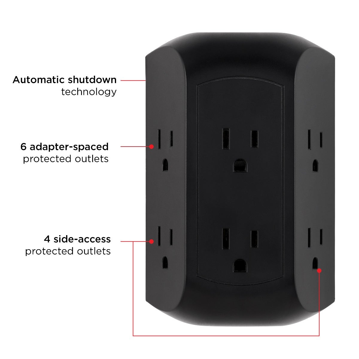 GE UltraPro 6-Outlet Wall Tap with Surge Protection, 2 Pack, Black