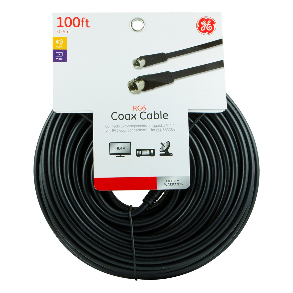 GE 100 ft. RG6 Coaxial Cable with F-Type Connectors, Black