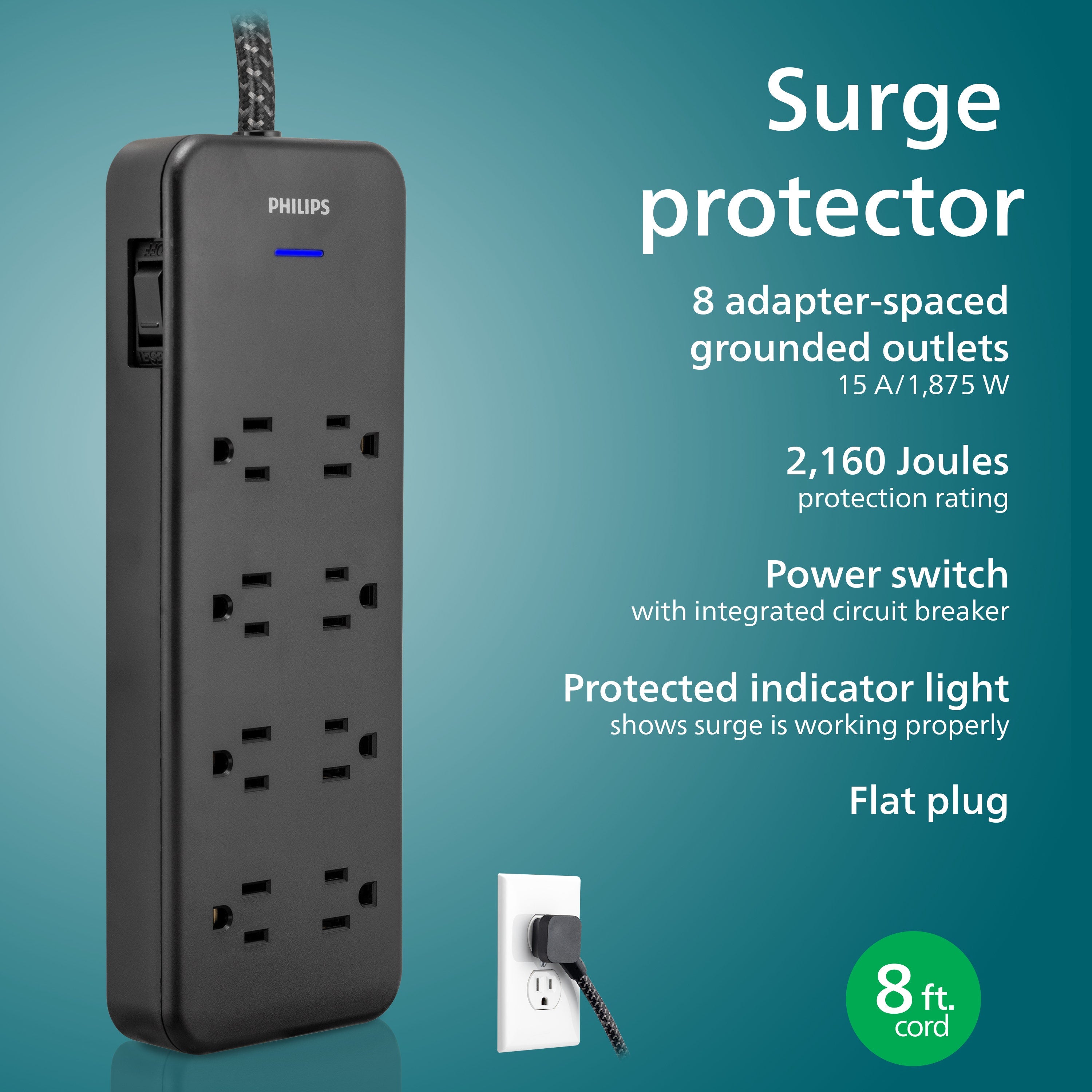 Philips 8-Outlet 8ft. Surge Protector with Adapter-Spaced Outlets, Black