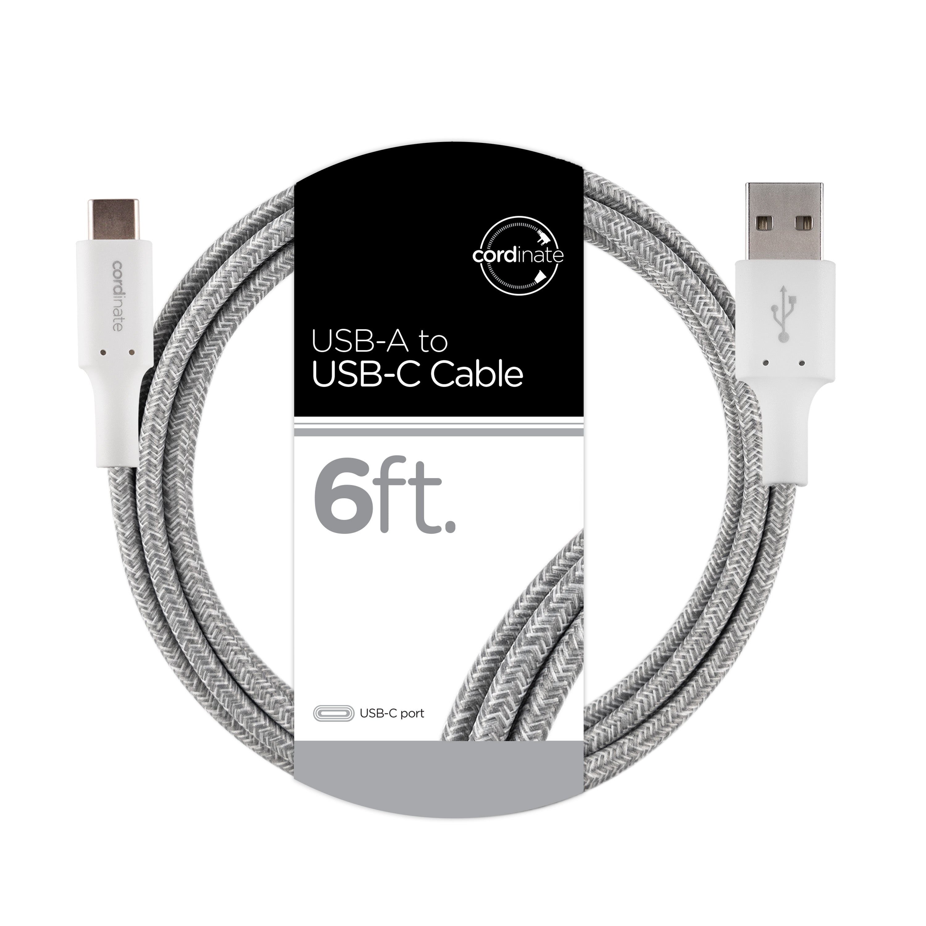 Cordinate USB-A to USB-C Braided Charging Cable, Gray/White