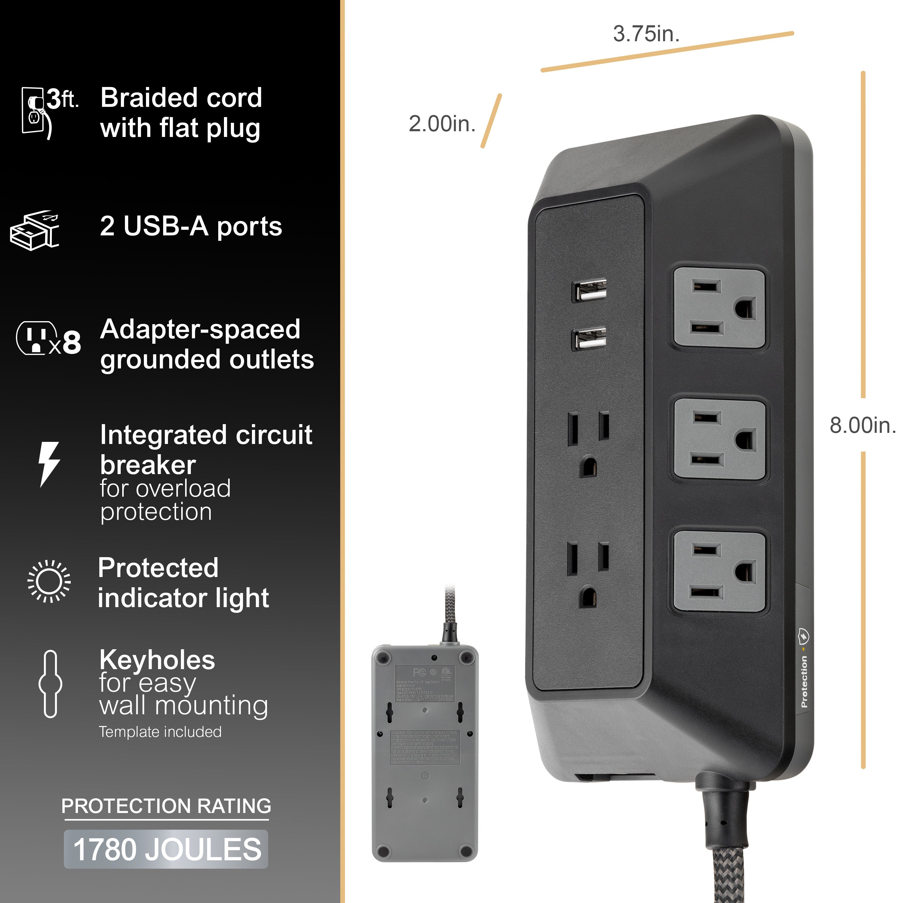 GE 8-Outlet 2-USB 3ft. Surge Protector with Adapter-Spaced Outlets, Black