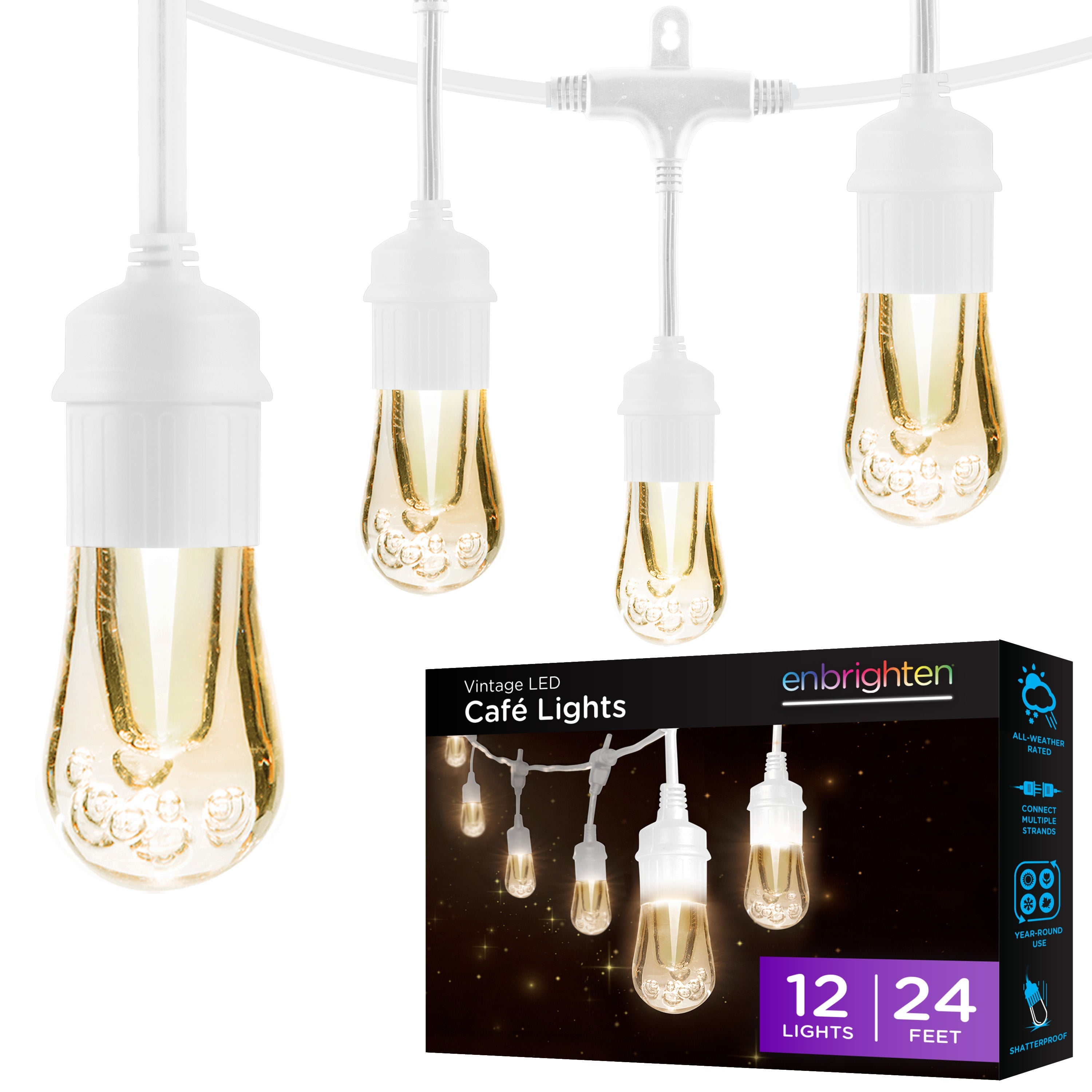Enbrighten Vintage LED Cafe Lights, 12 Bulbs, 24ft. White Cord