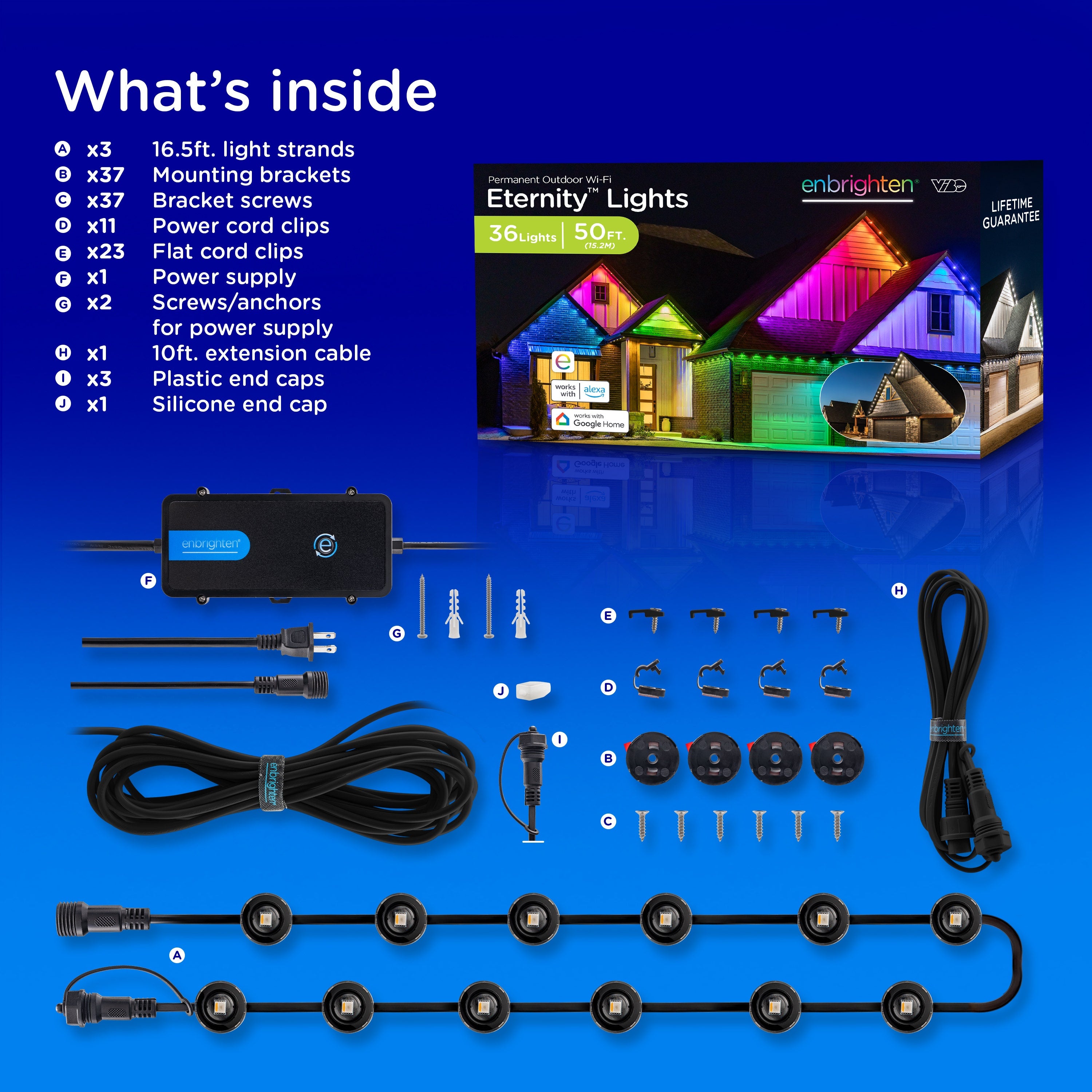 Enbrighten WiFi VIBE Color-Changing Permanent Outdoor Eternity Eave Lights, 36 Lights, 50ft. Black Cord