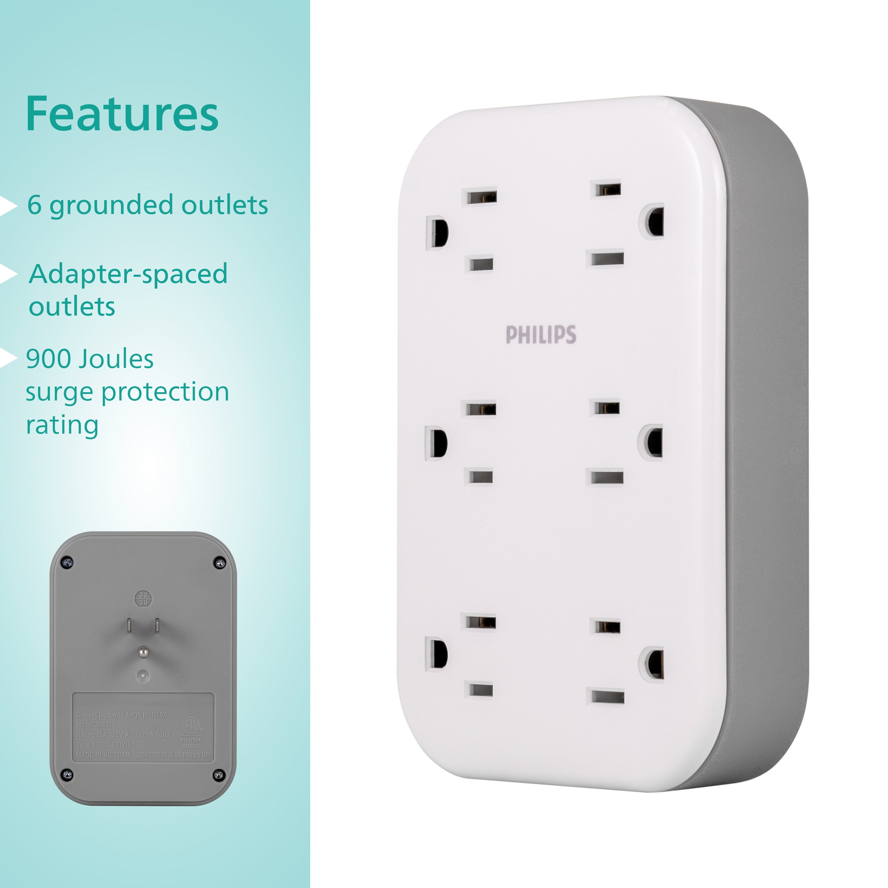Philips 6-Outlet Wall Tap with Surge Protection and Adapter Spaced Outlets, White