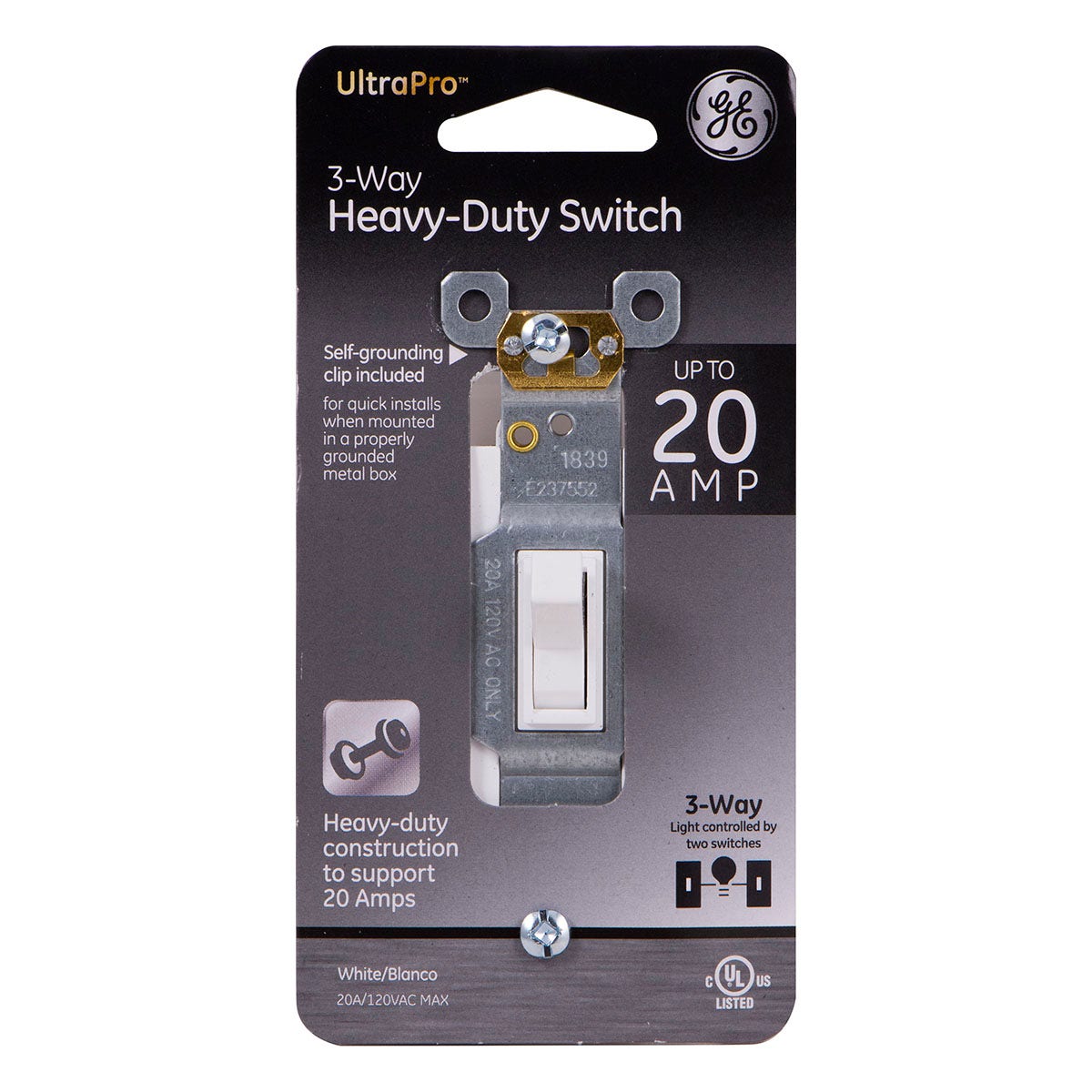 GE UltraPro Single Pole 3-Way Heavy-Duty Toggle Switch, White