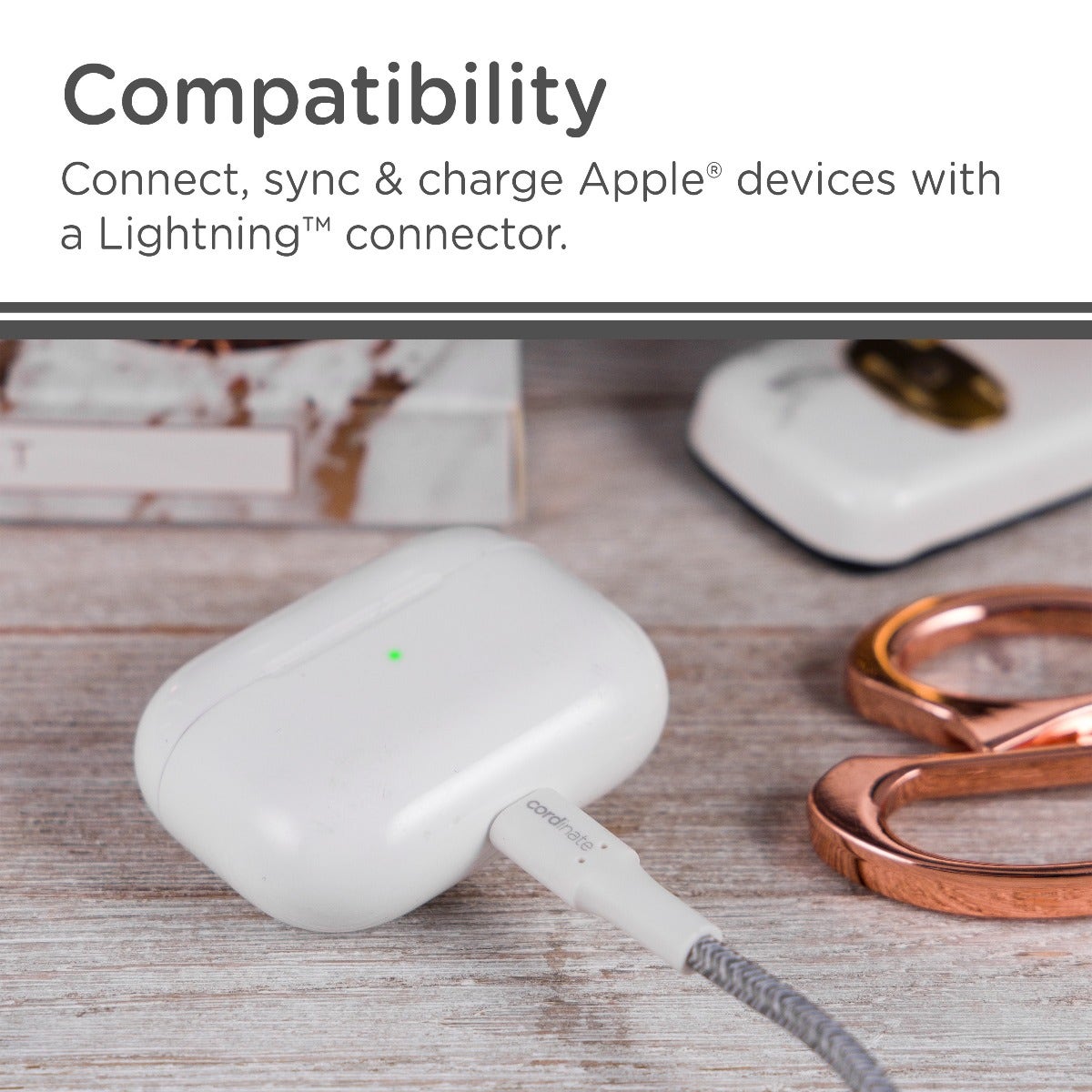 Cordinate 6ft. USB-C Lightning Charging Cable with Braided Cord, White/Gray