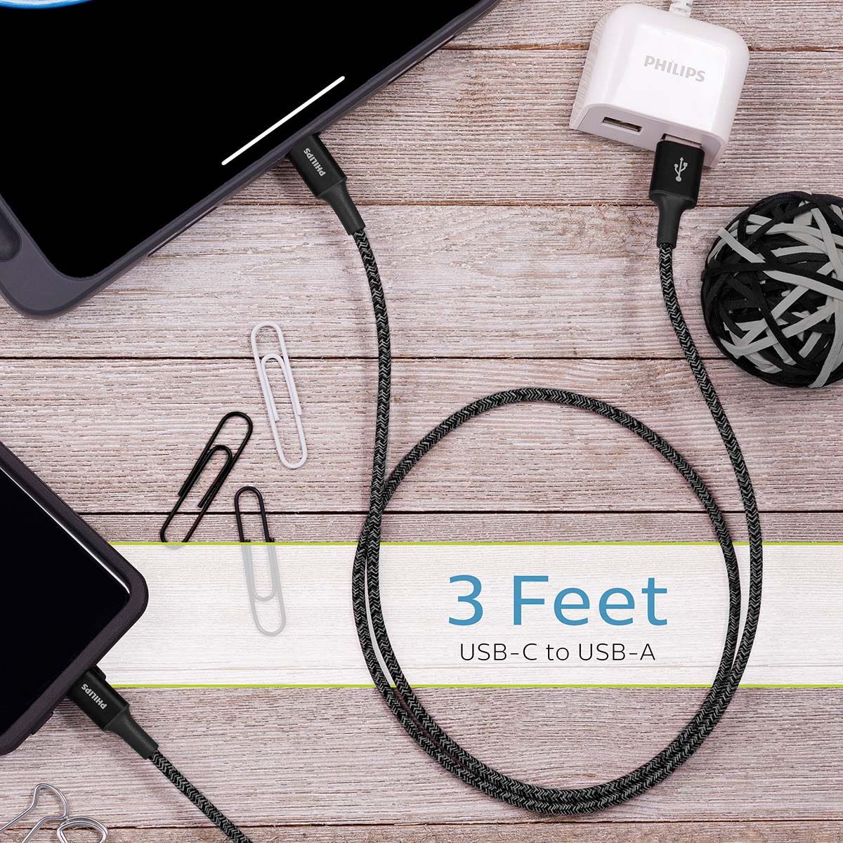 Philips 3ft. USB-A to USB-C Cable Braided Charging Cable, Black