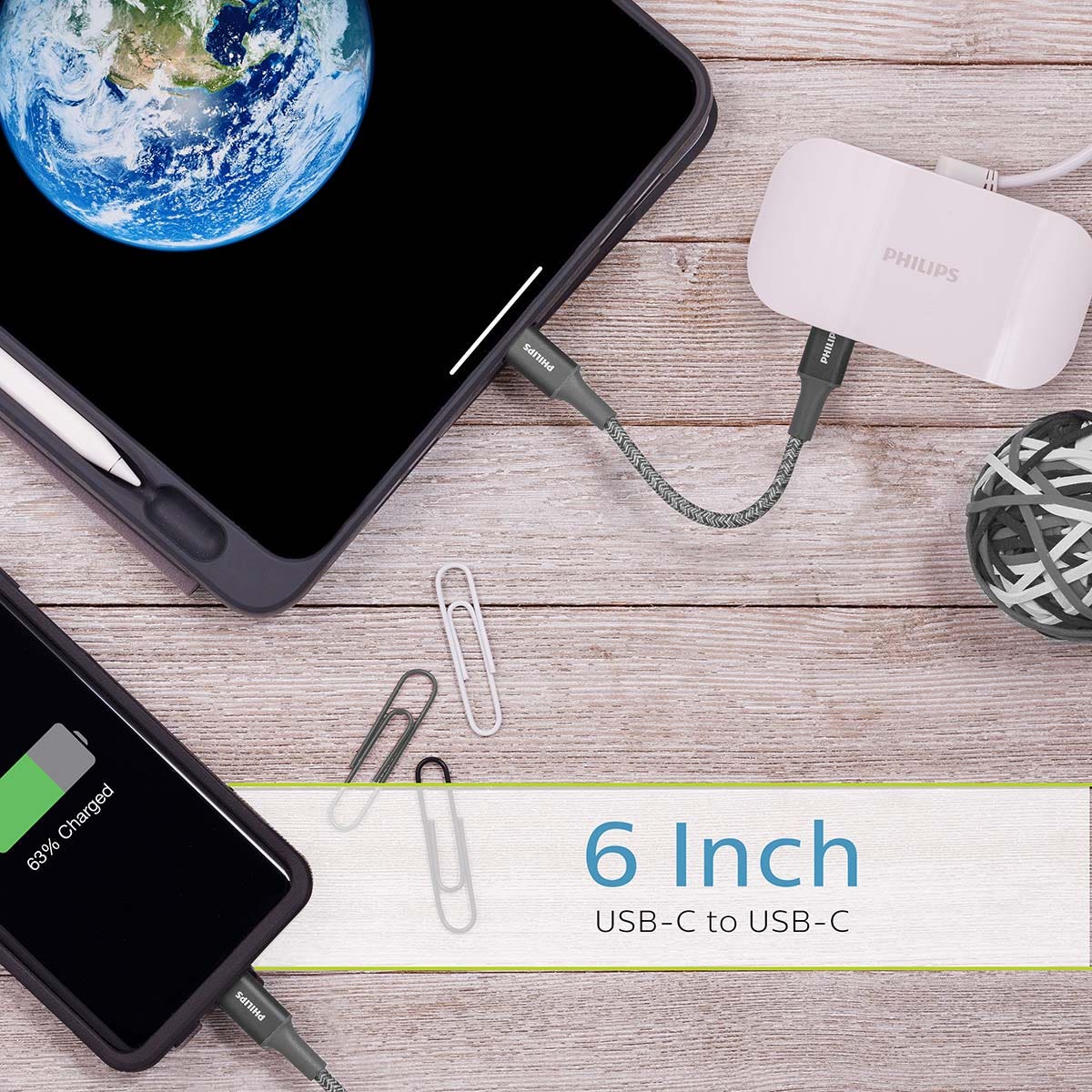 Philips 6in. USB-C to USB-C Braided Charging Cable, Gray