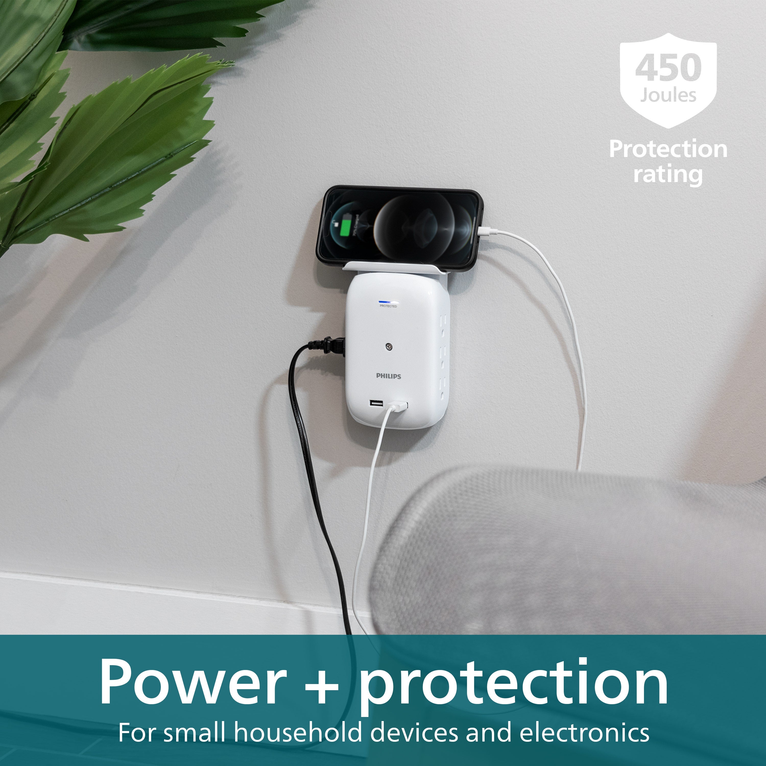 Philips Outlet 2-USB Wall Tap With Surge Protection And Device Shelf, White