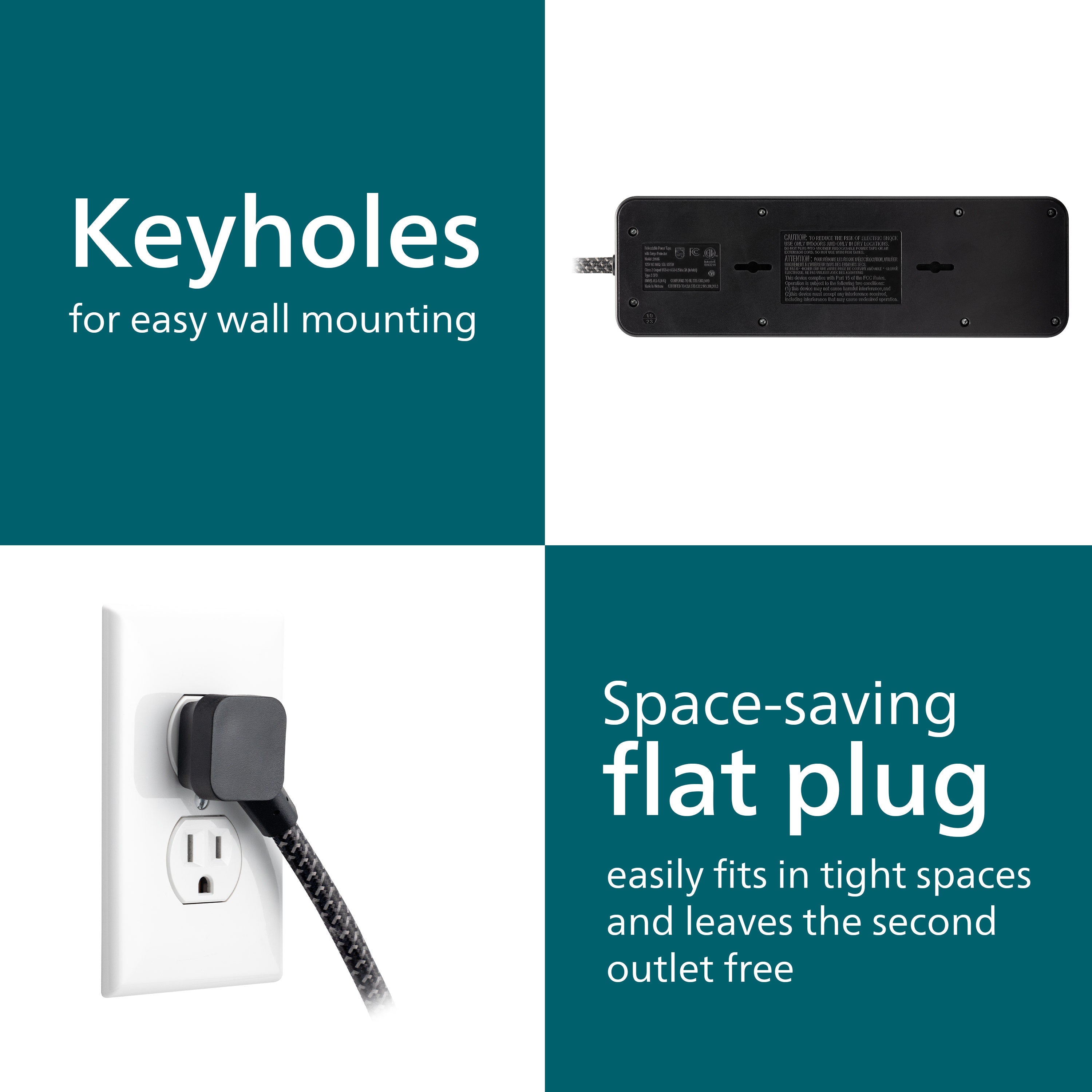 Philips 9-Outlet 6ft. 1 USB-A 1 USB-C Surge Protector With Adapter-Spaced Outlets, Black