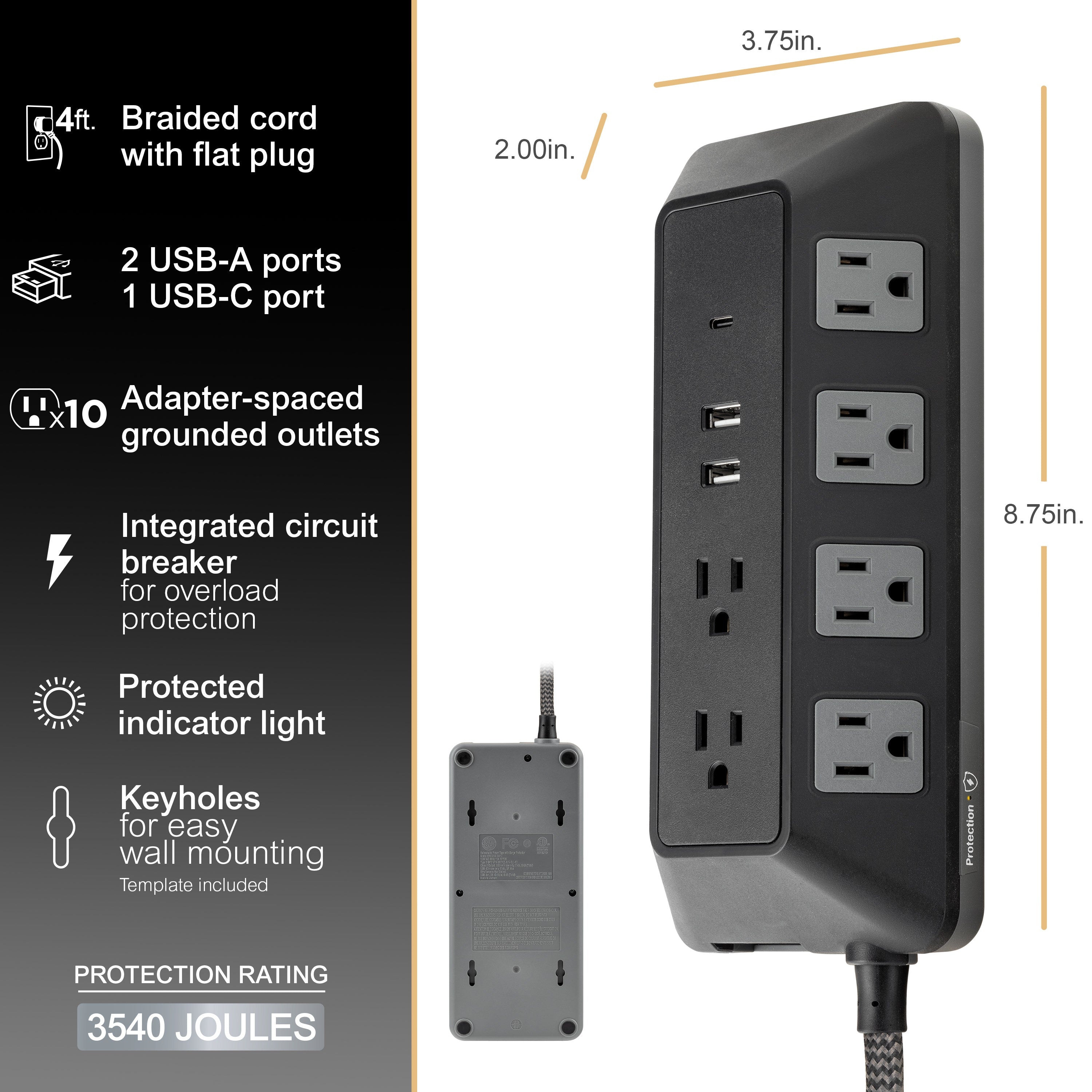 GE 10-Outlet 3-USB 4ft. Surge Protector with Adapter-Spaced Outlets, Black