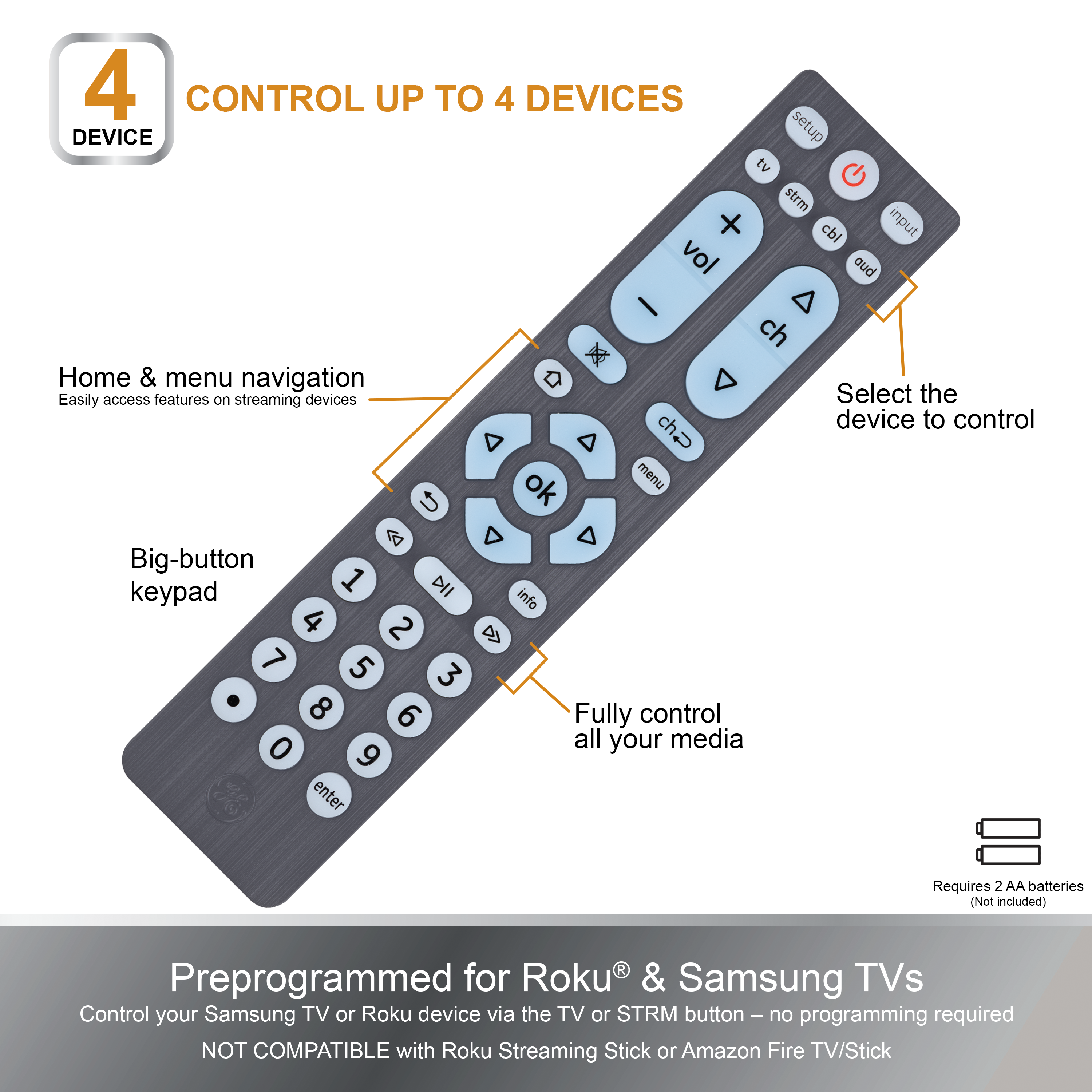 GE 4-Device Backlit Universal Remote Control, Brushed Graphite